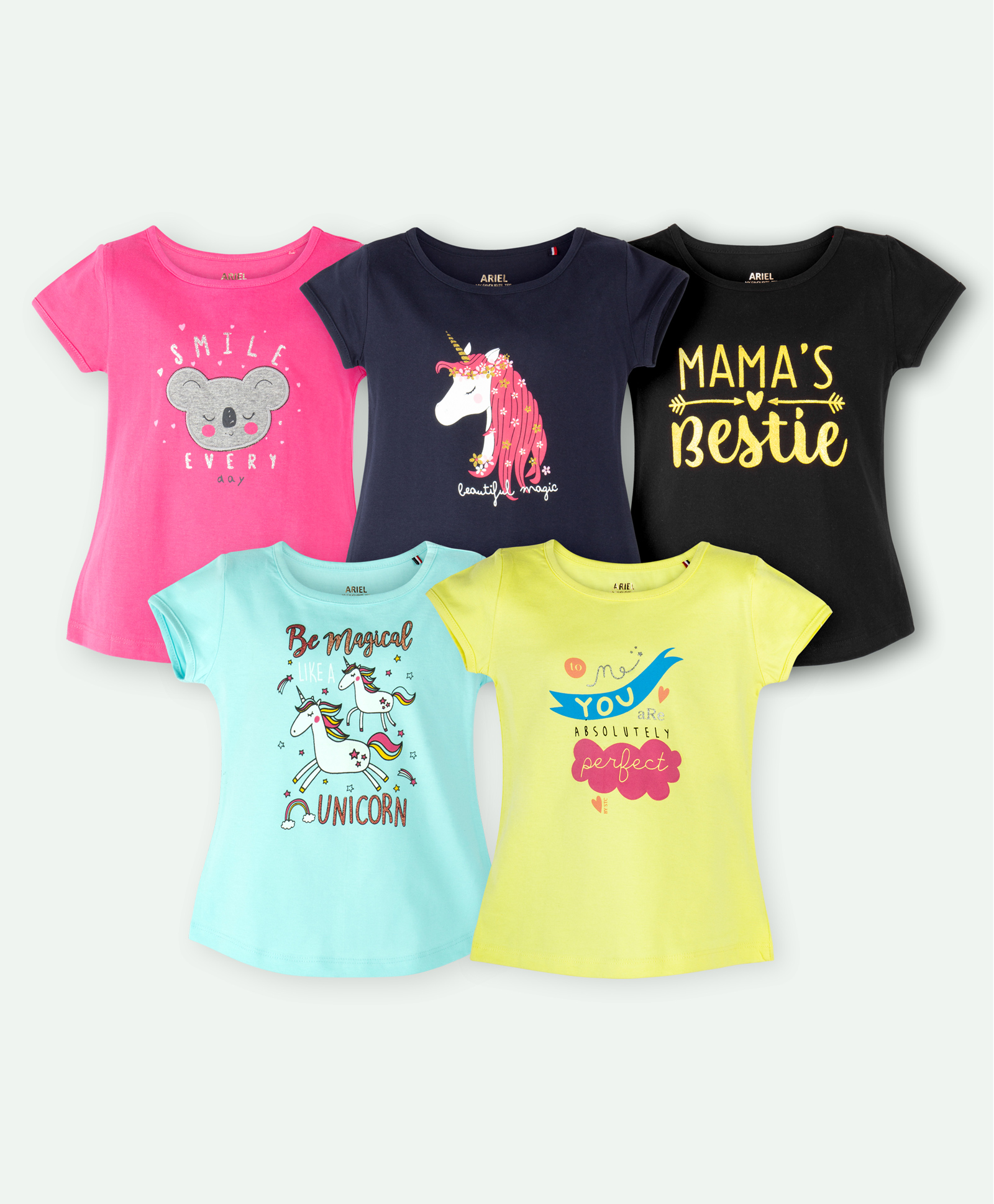 Ariel Cotton Knit Pack Of 5 Half Sleeves Unicorn & Typography Printed Tops - Black Yellow Pink Navy & Sky Blue-picture-17