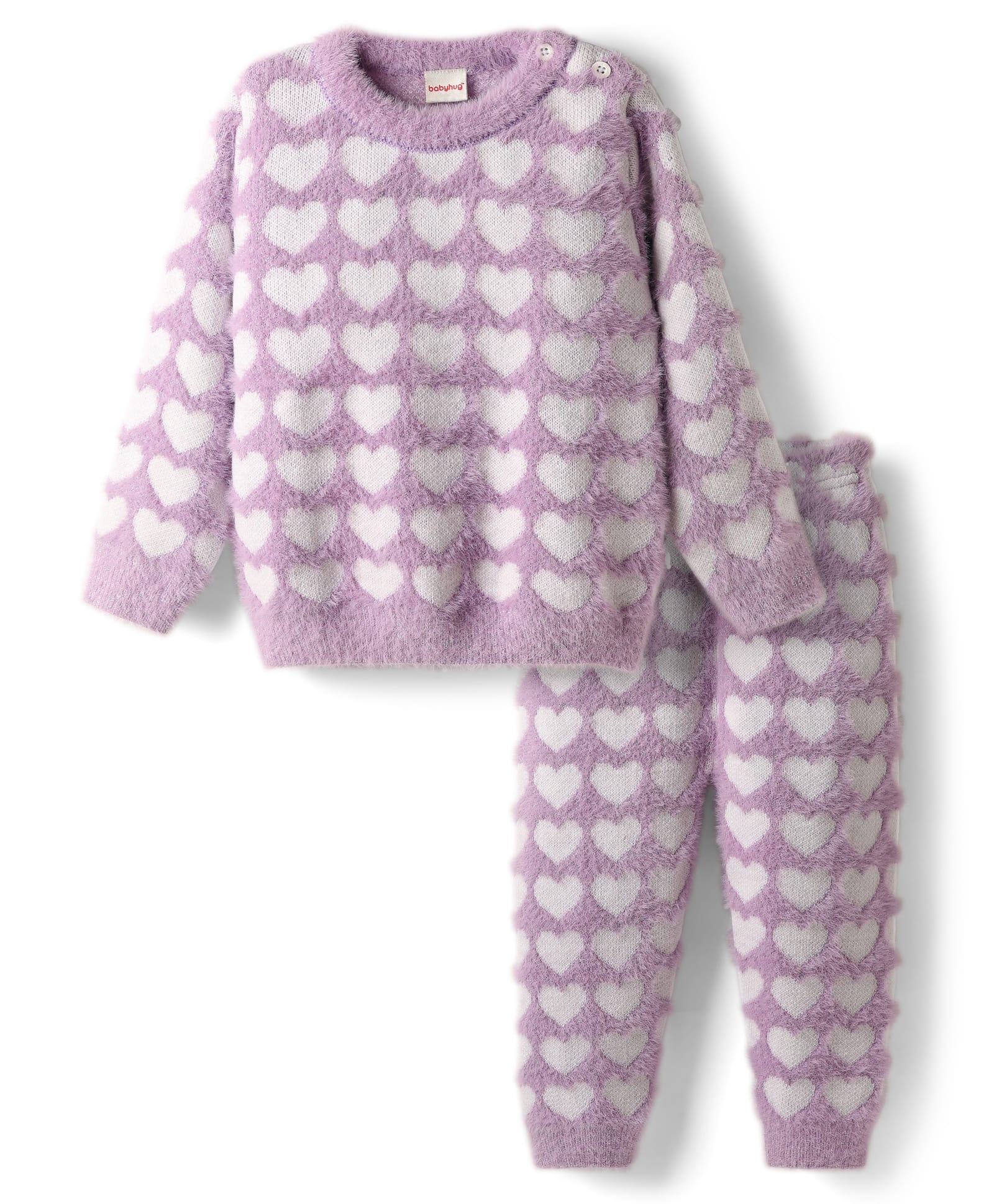 Babyhug Knit Full Sleeves Pullover Sweater Set With Hearts Design - Mauve-image-46