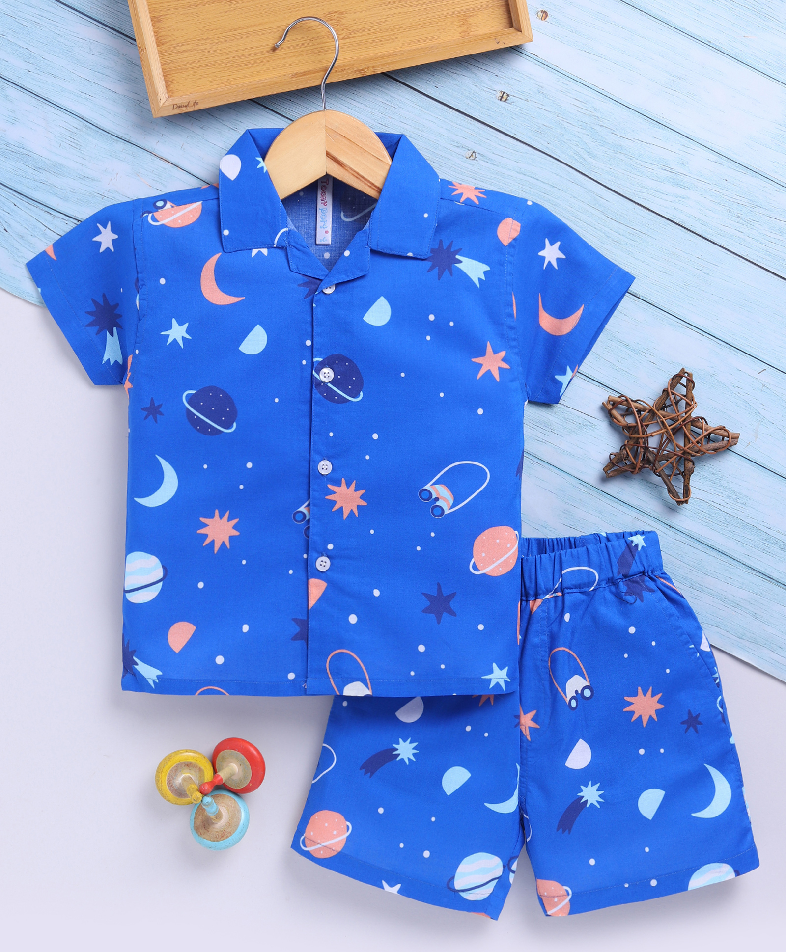TOONYPORT Cotton Knit Half Sleeves Space Theme Printed Coordinating Shirt & Shorts Set - Blue-image-33