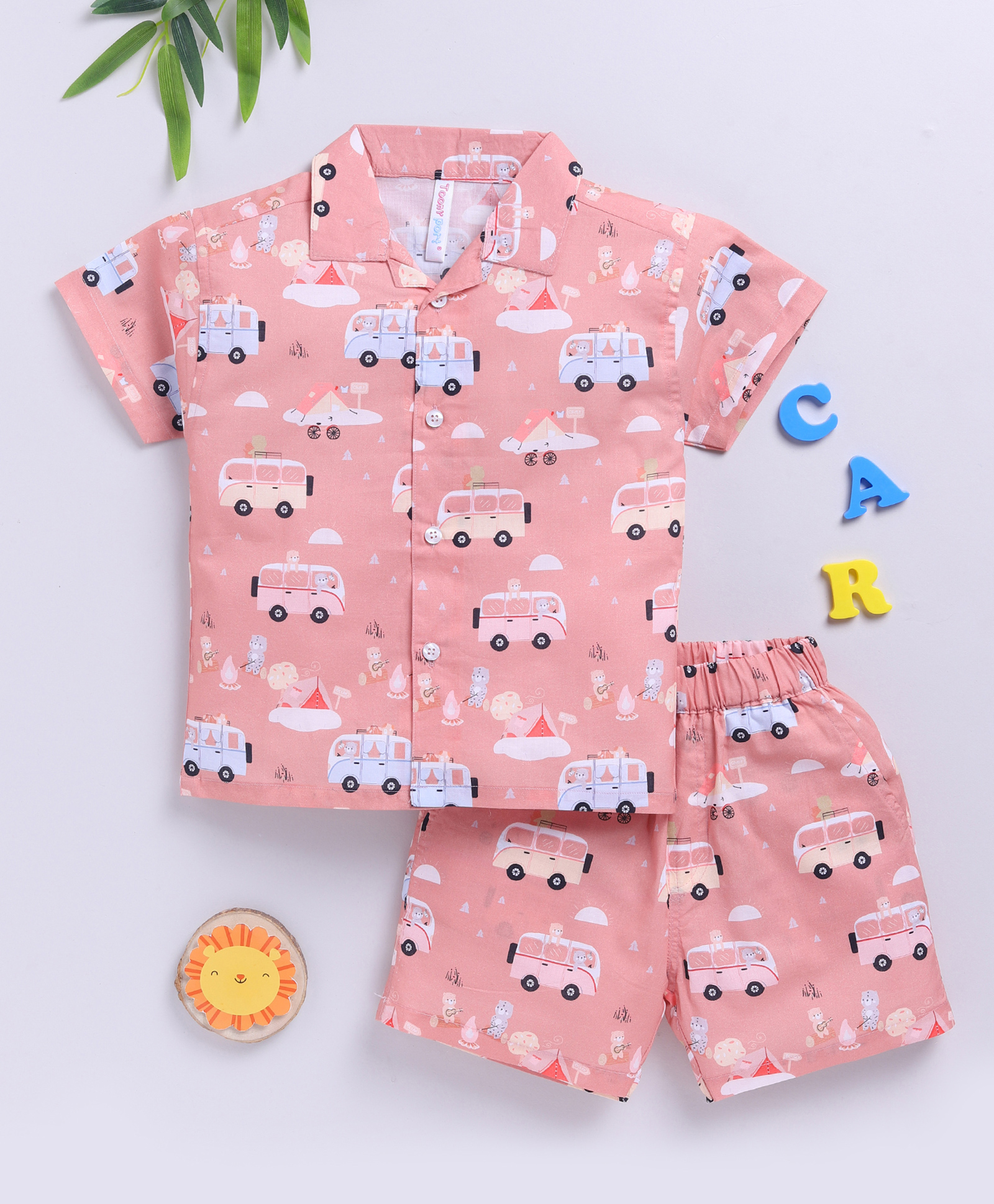 TOONYPORT Cotton Knit Half Sleeves Mini Bus Printed Coordinating Shirt & Shorts Set - Pink-image-17