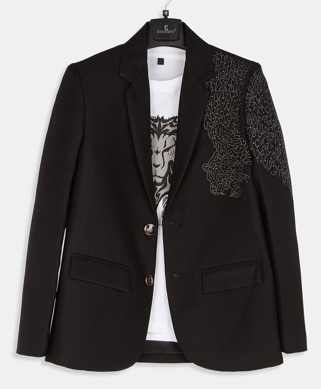 Charchit Cotton Blend Woven Full Sleeves Abstract Embroidered Blazer & Tee Set - Black-picture-19