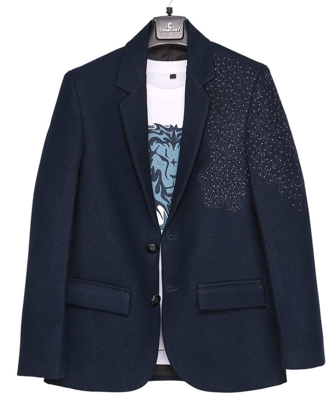 Charchit Cotton Blend Woven Full Sleeves Abstract Embroidered Blazer & Tee Set - Blue-picture-27
