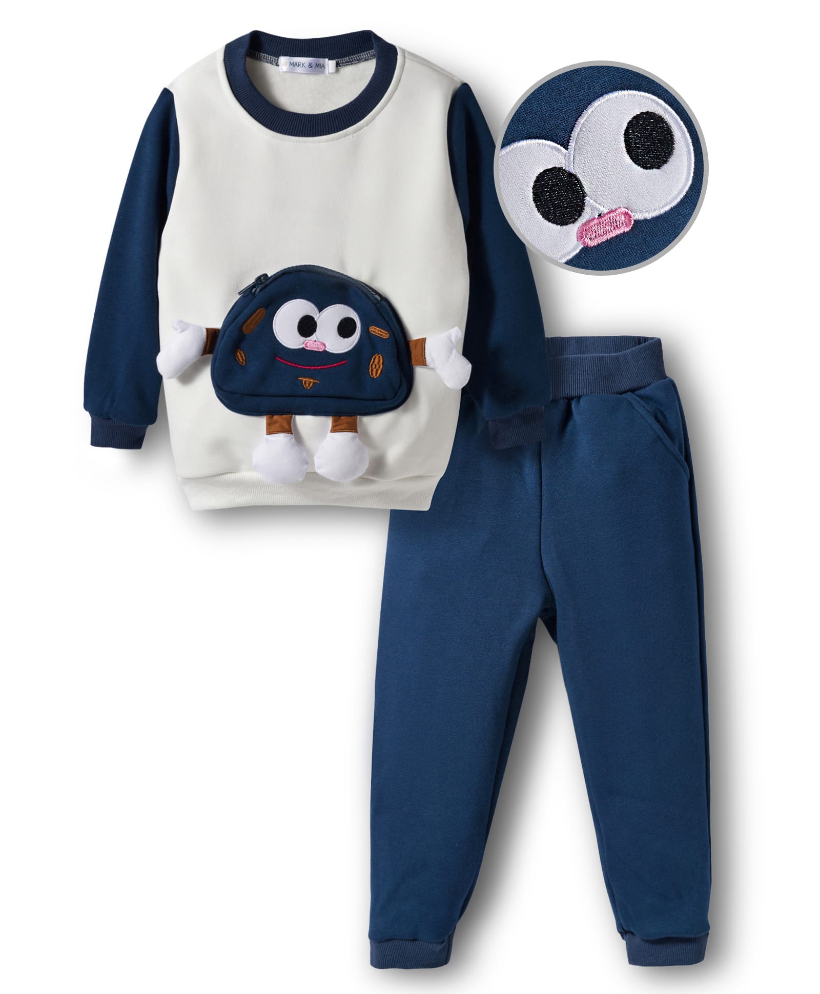 Mark & Mia Full Sleeves Winter Wear Sweatshirt & Joggers Set with Pouch Applique - White & Navy Blue-image-15