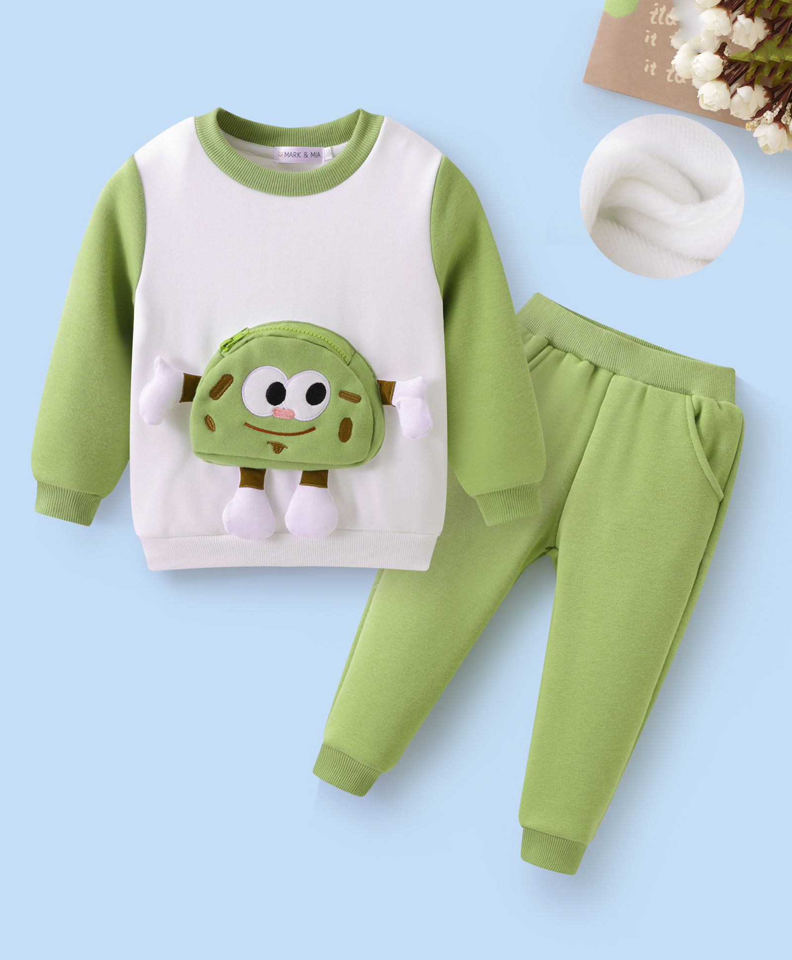 Mark & Mia Full Sleeves Winter Wear Sweatshirt & Joggers Set with Pouch Applique - White & Light Green-image-42