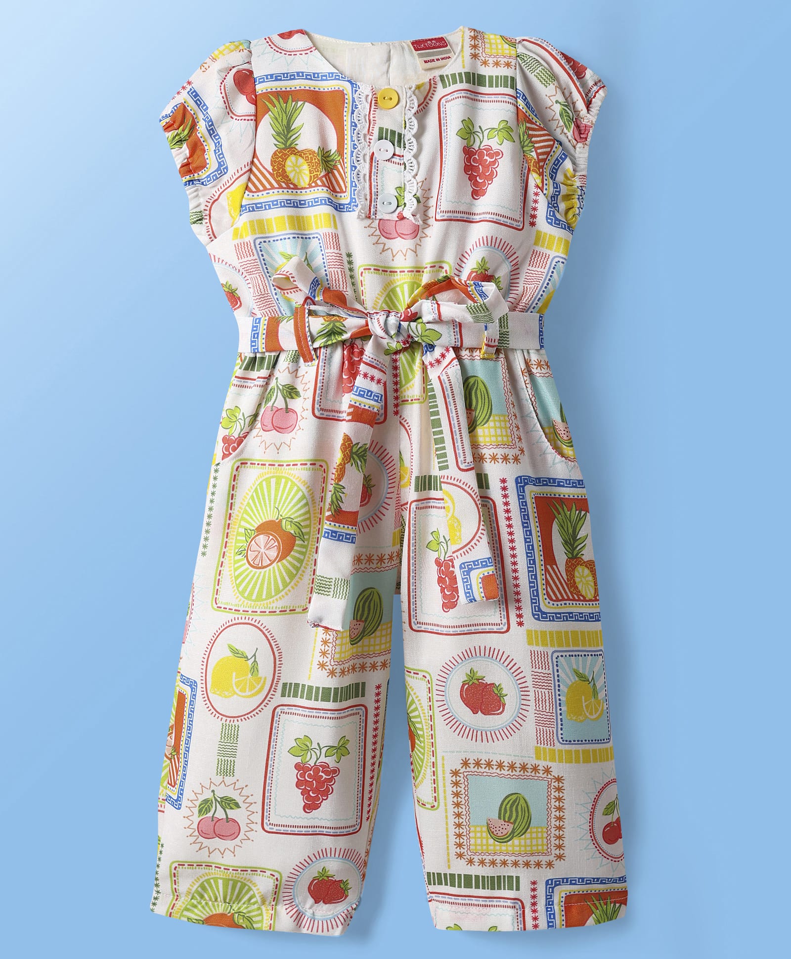 Twetoons Woven Sleeveless Jumpsuit with Belt & Tropical Print - White-picture-16