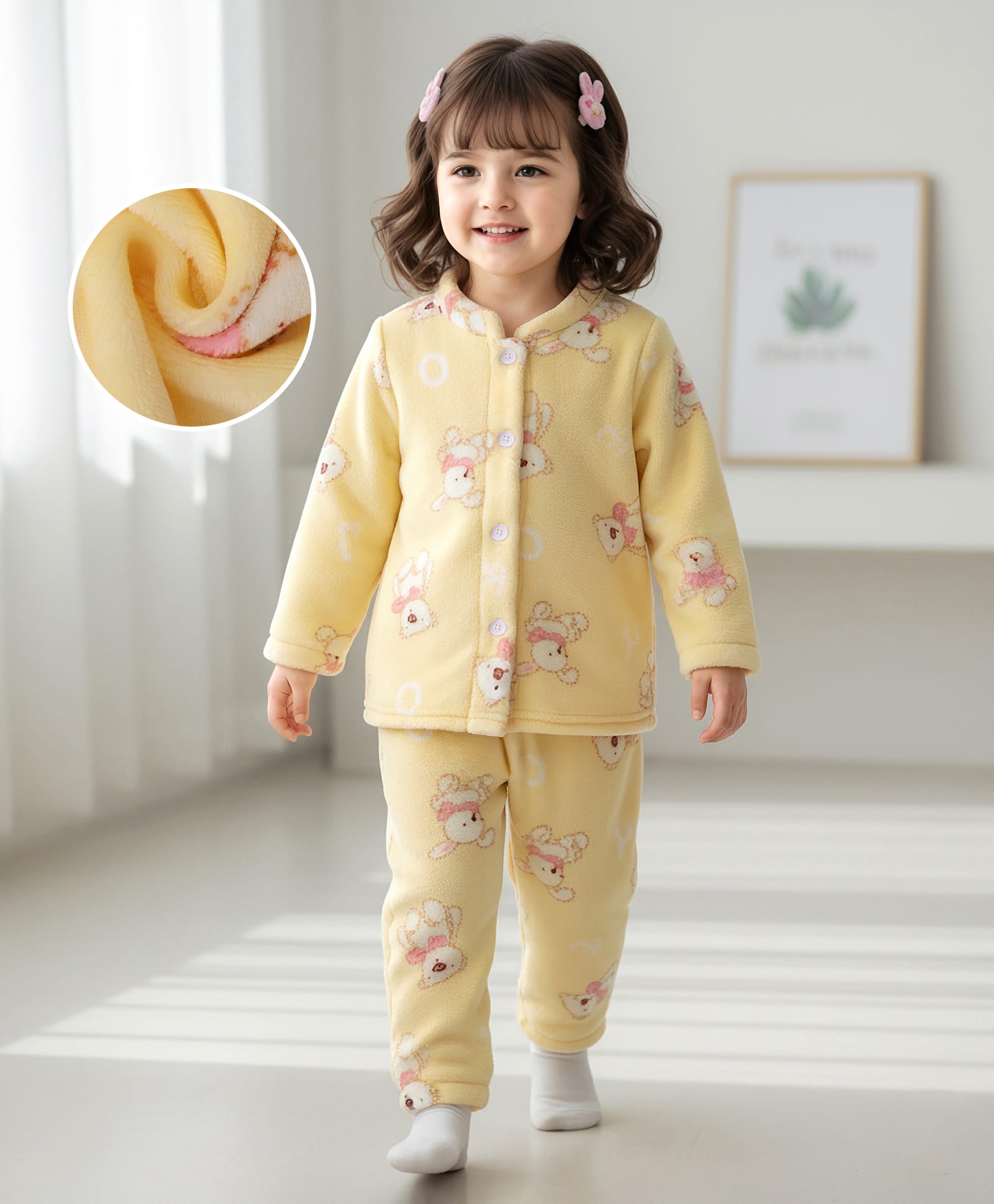 Mark & Mia Full Sleeves Co-ord Winter Wear Night Suit with Bear Print - Yellow-image-28