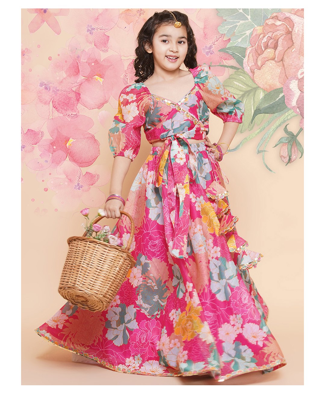 Bitiya By Bhama Silk Woven Three Fourth Puffed Sleeves Floral Printed Gota Lace & Sequins Embellished Lehenga Choli Set - Pink