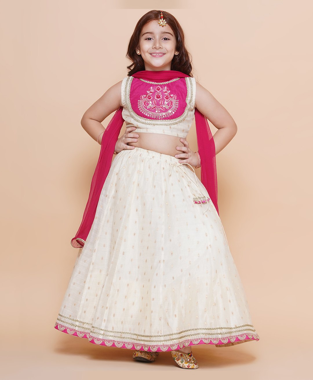 Bitiya By Bhama Silk Woven Sleeveless Floral Embroidered Gota Lace & Sequins Embellished Lehenga Choli With Dupatta Set - White