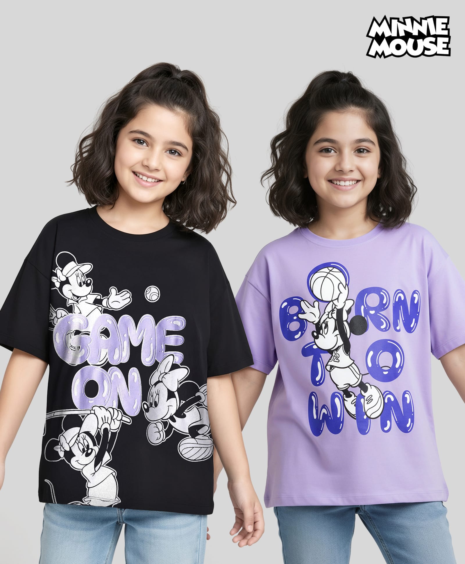 HoneyHap Disney Single Jersey Knit Oversize Drop Shoulder Half Sleeves T-Shirt with Minnie Mouse Graphics Pack of 2 - Black & Lilac-image-42