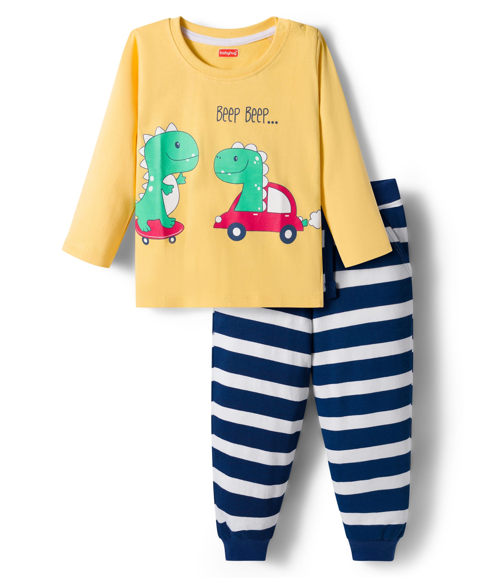Babyhug Single Jersey Knit Full Sleeves T-Shirt and Joggers Set With Dino Print & Stripes - Yellow-picture-12