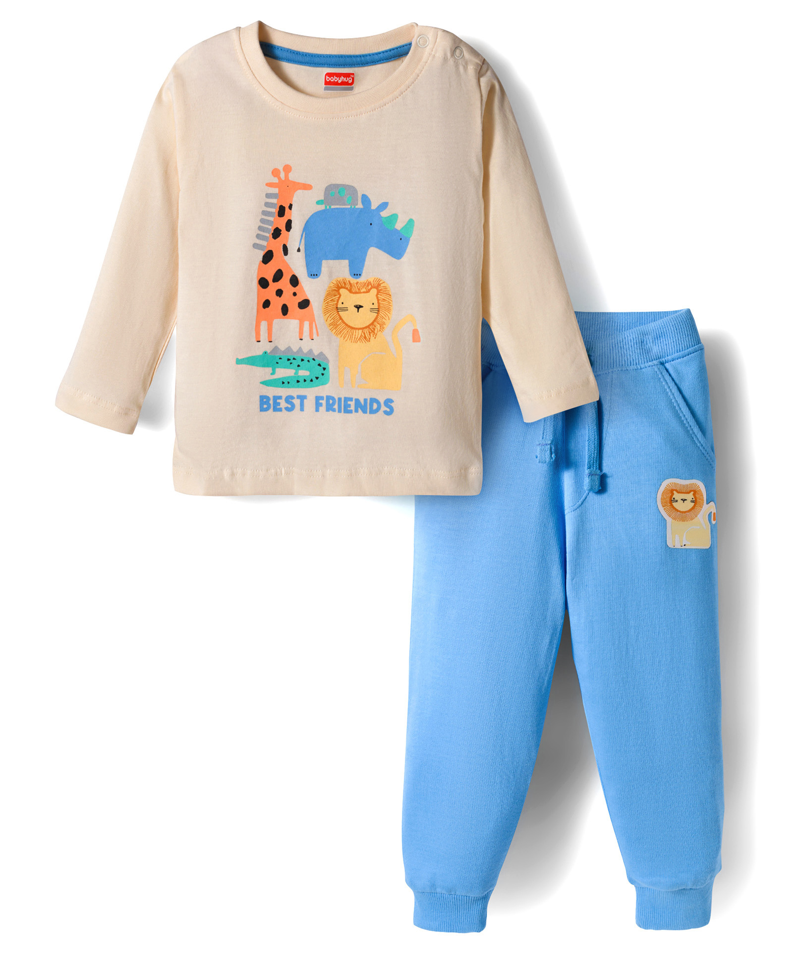 Babyhug Terry Knit Full Sleeves T-Shirt and Joggers Set with Animal Print - Tan & Light Blue-image-35