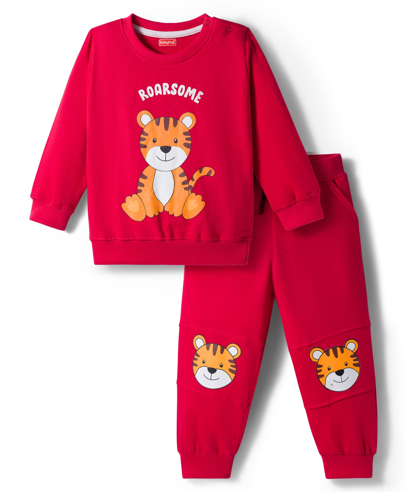 Babyhug Terry Knit Full Sleeves T-Shirt & Lounge Pant Set with Tiger Print - Maroon-image-24
