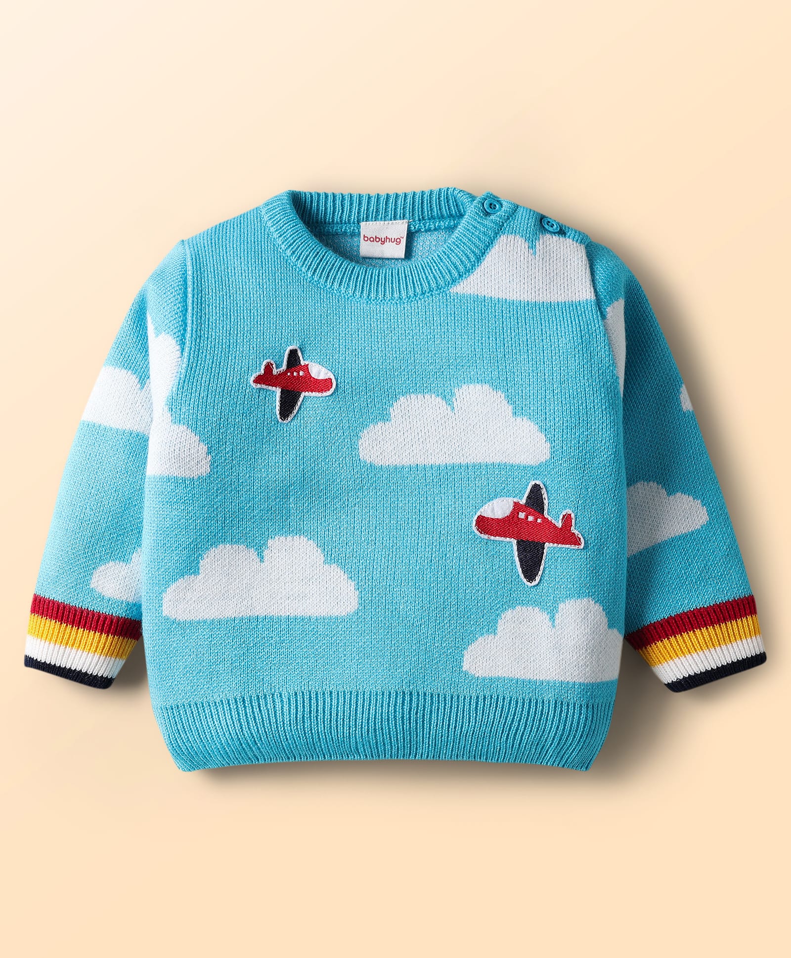 Babyhug Knit Full Sleeves Pullover Sweater with Sky & Aeroplane Design - Light Blue-image-23