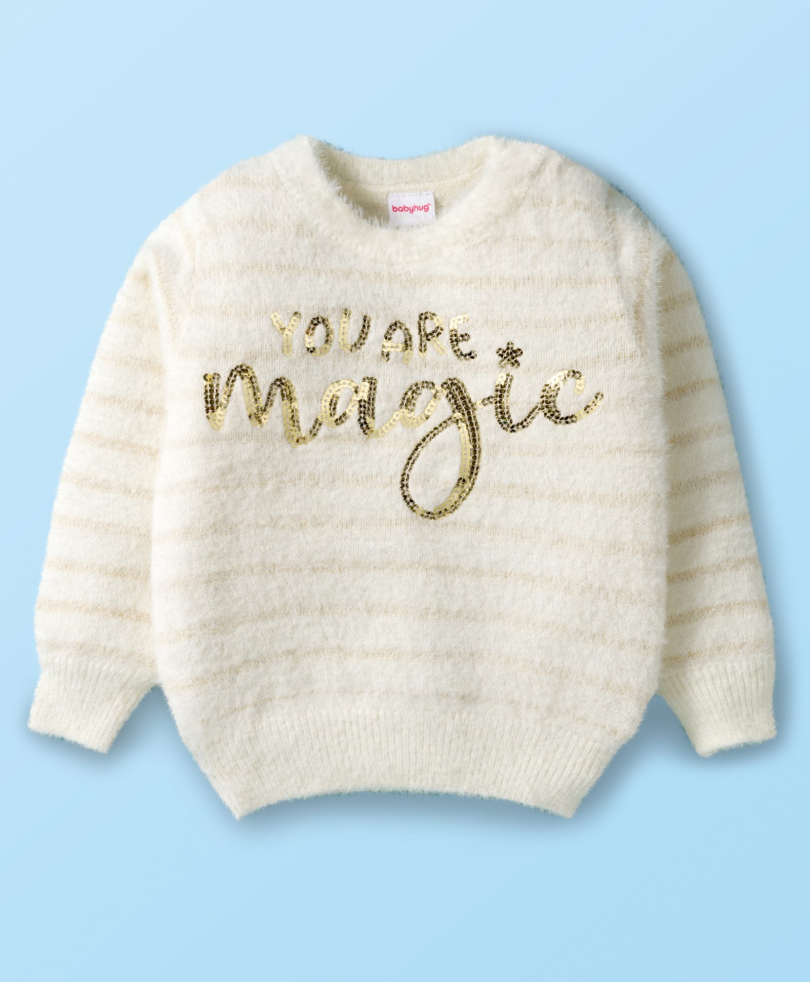 Babyhug Knitted Full Sleeves Extra Soft Hairy Eyelash Yarn Pullover Sweater With Sequin Detailing - White-image-28