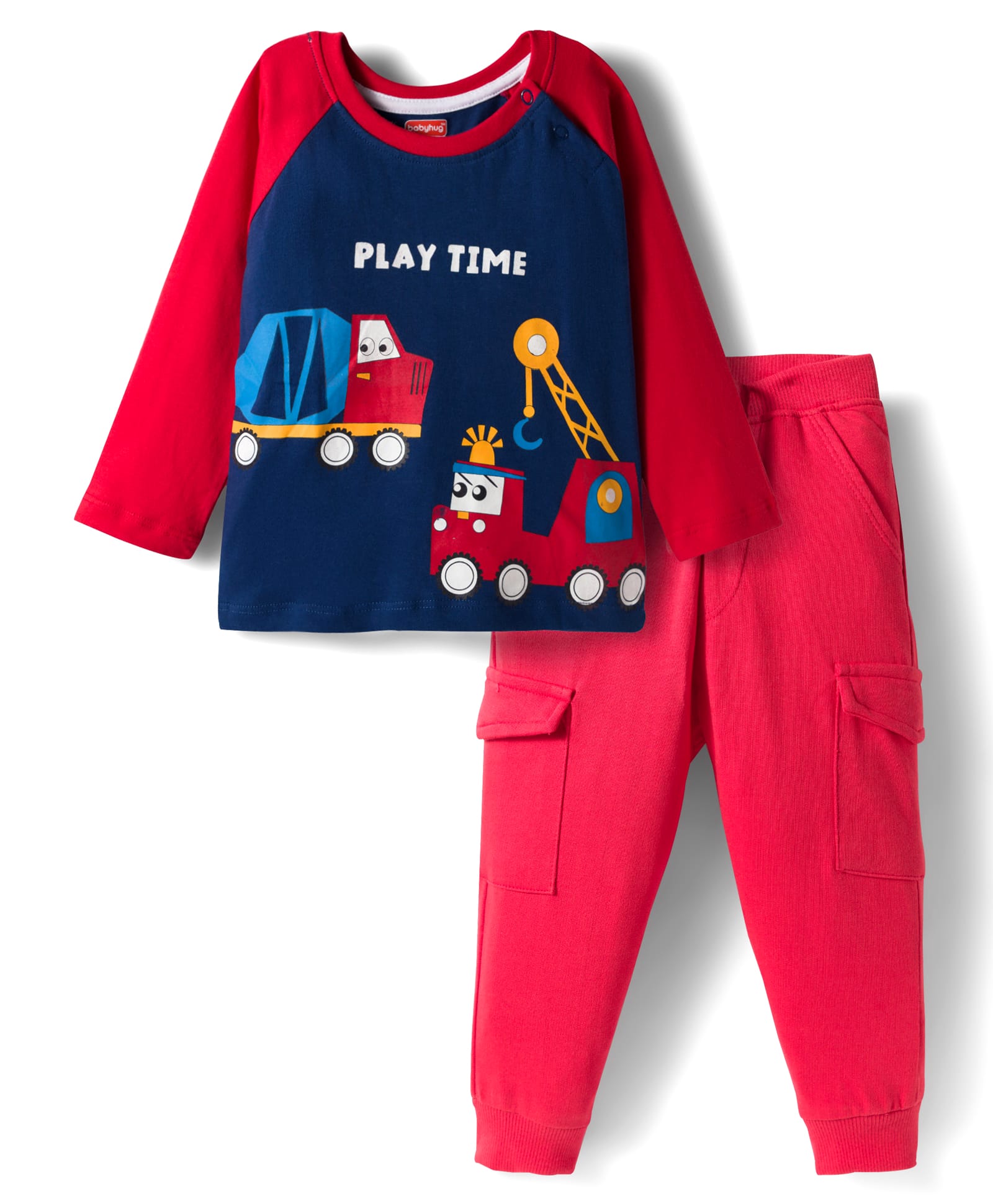 Babyhug Single Jersey Knit Full Raglan Sleeves T-Shirt and Joggers Set with Vehicle Print - Red-picture-12