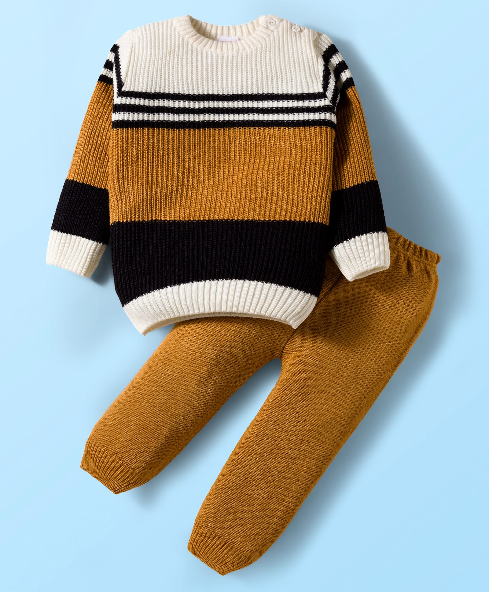 Babyhug Knit Full Sleeves Pullover Sweater Set With Stripes - Mustard-image-40