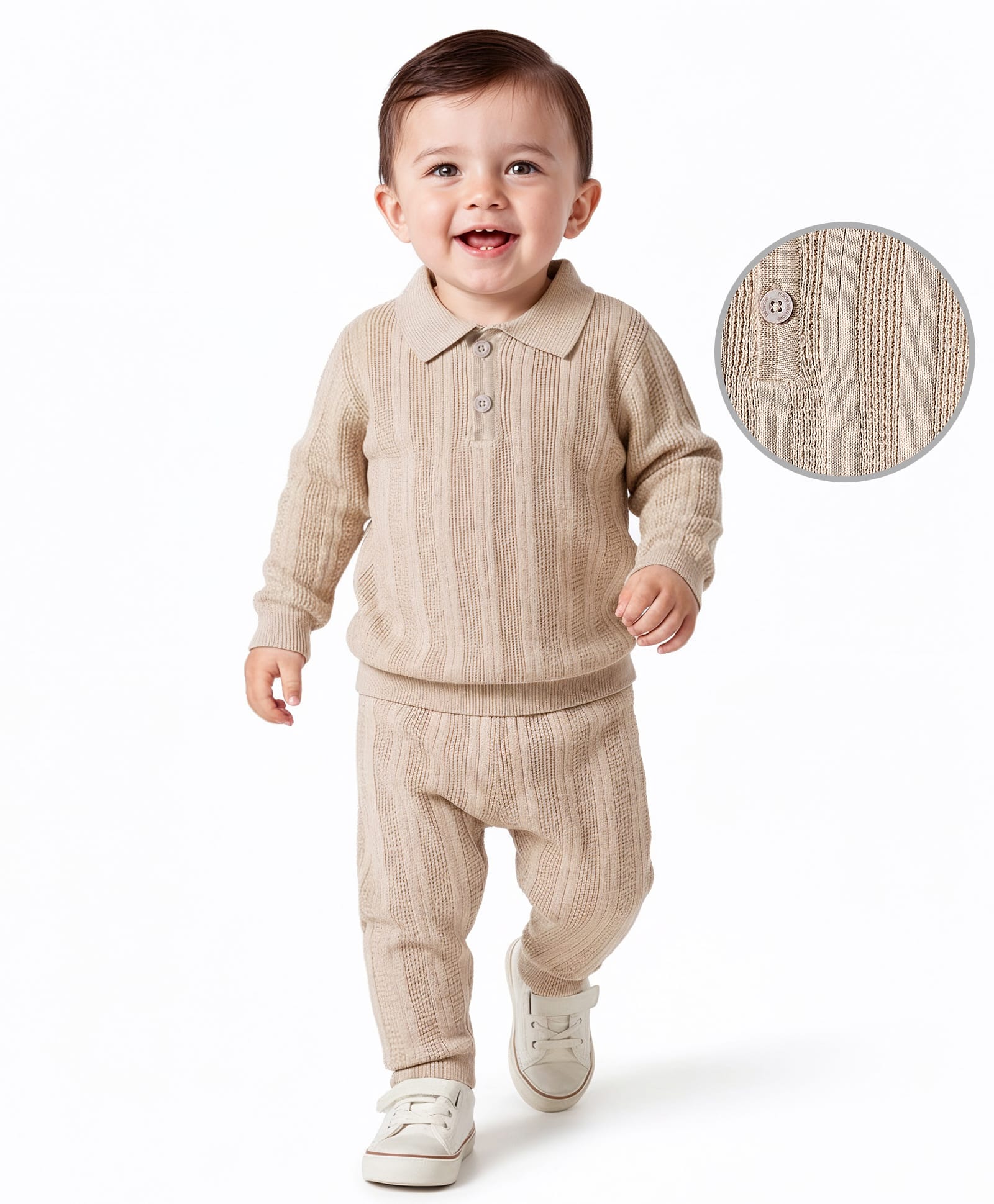Babyoye Cotton Knit Full Sleeves Pullover Sweater Set with Stripes - Beige-image-26