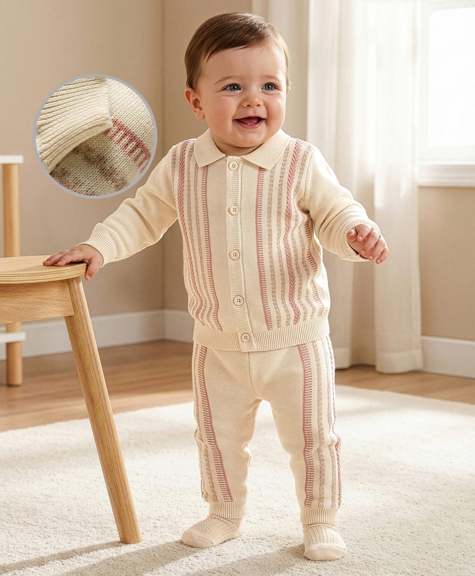 Babyoye 100% Cotton Knit Full Sleeves Co-ords Front Open Sweater Set with Cable Knit Design - Off White-image-14
