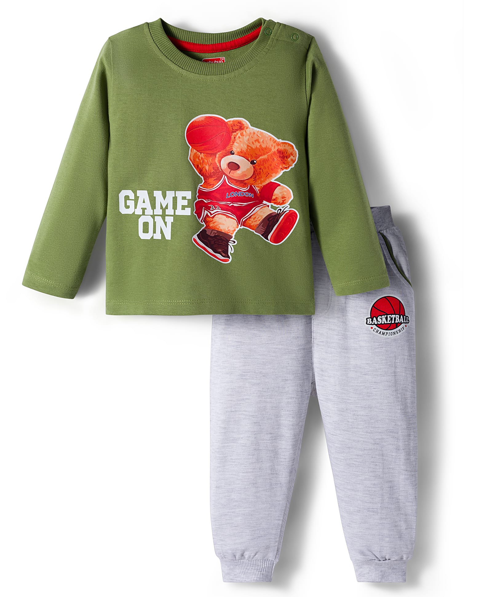 Babyhug Terry Knit Full Sleeves T-Shirt and Joggers Set with Teddy Print - Olive Green & Grey-image-35