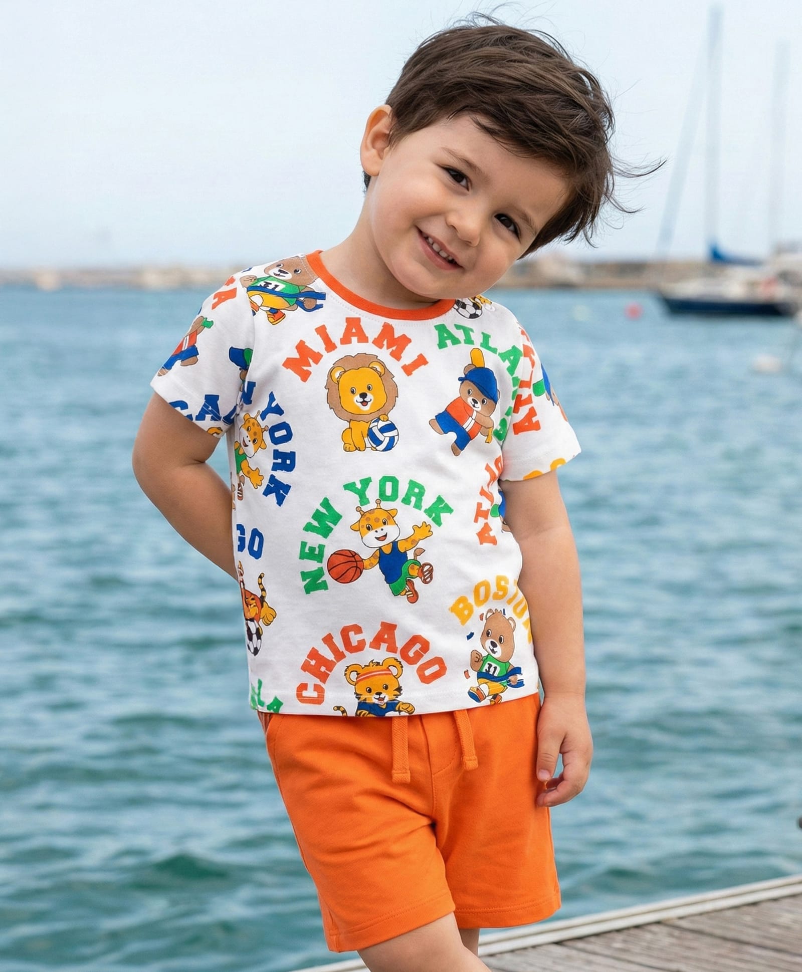 Babyhug Single Jersey Knit Half Sleeves T-Shirt & Shorts Set With Animal Print - White & Orange-image-41