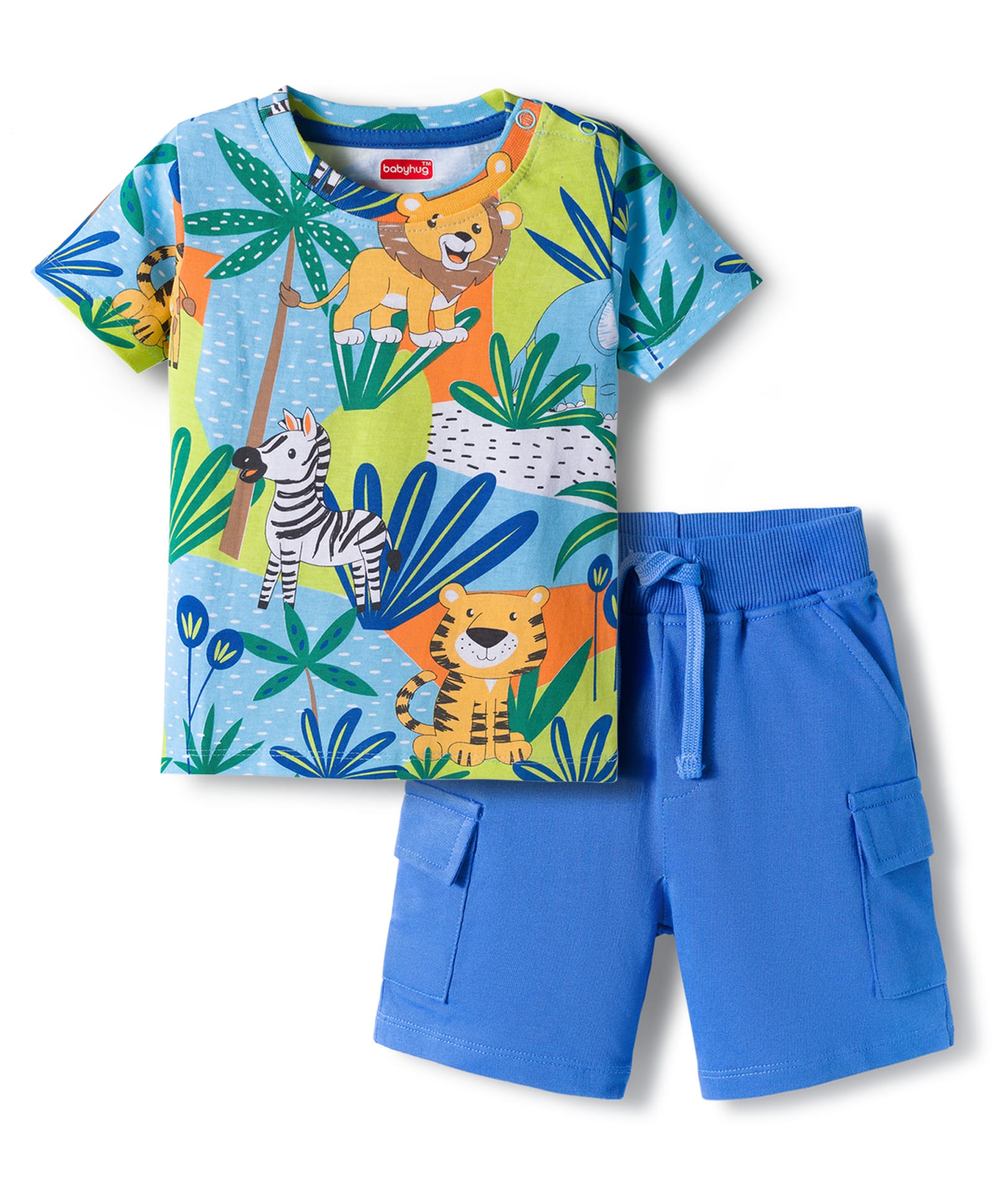 Babyhug Single Jersey Knit Half Sleeves T-Shirt & Shorts Set With Animal Print - Blue-picture-16
