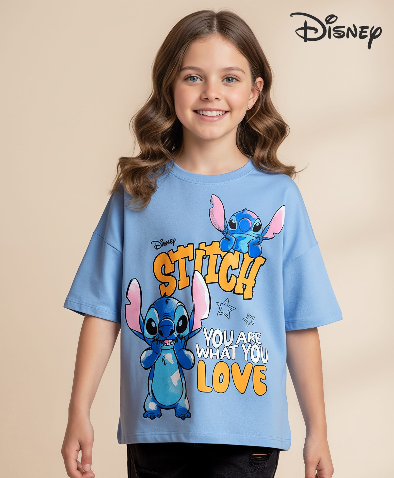 HoneyHap Disney Single Jersey Knit Drop Shoulder Half Sleeves Oversized T-Shirt with Stitch Graphics - Light Blue-image-14