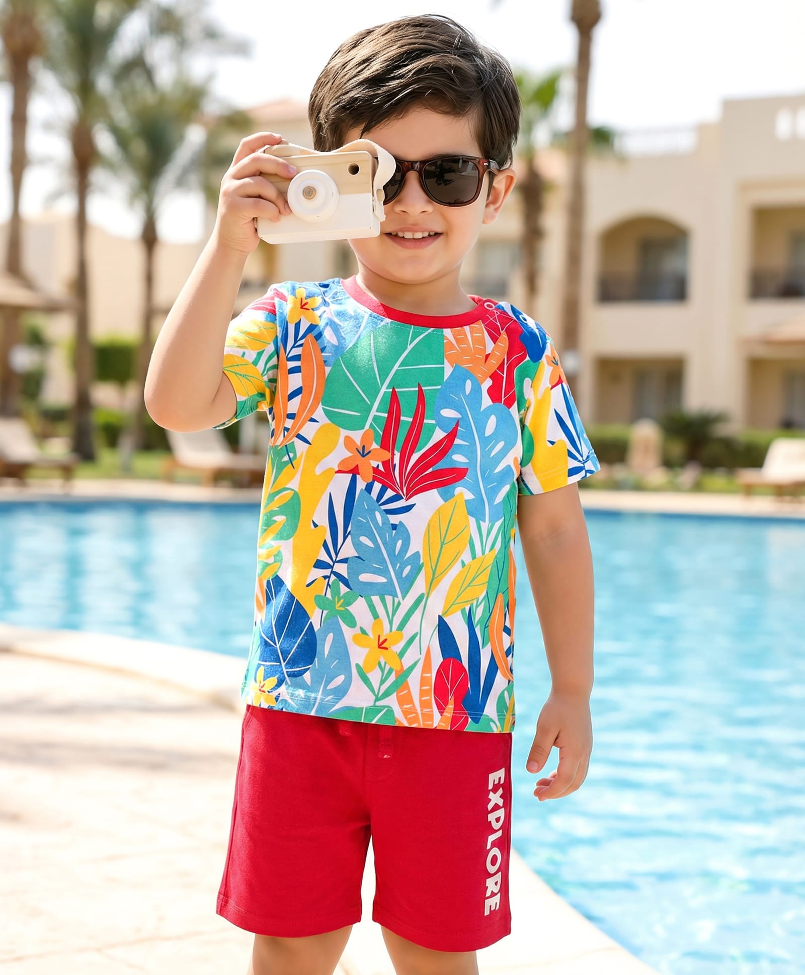 Babyhug Single Jersey Knit Half Sleeves T-Shirt & Shorts Set with Explore Text & Jungle Print - Red & Multicolor