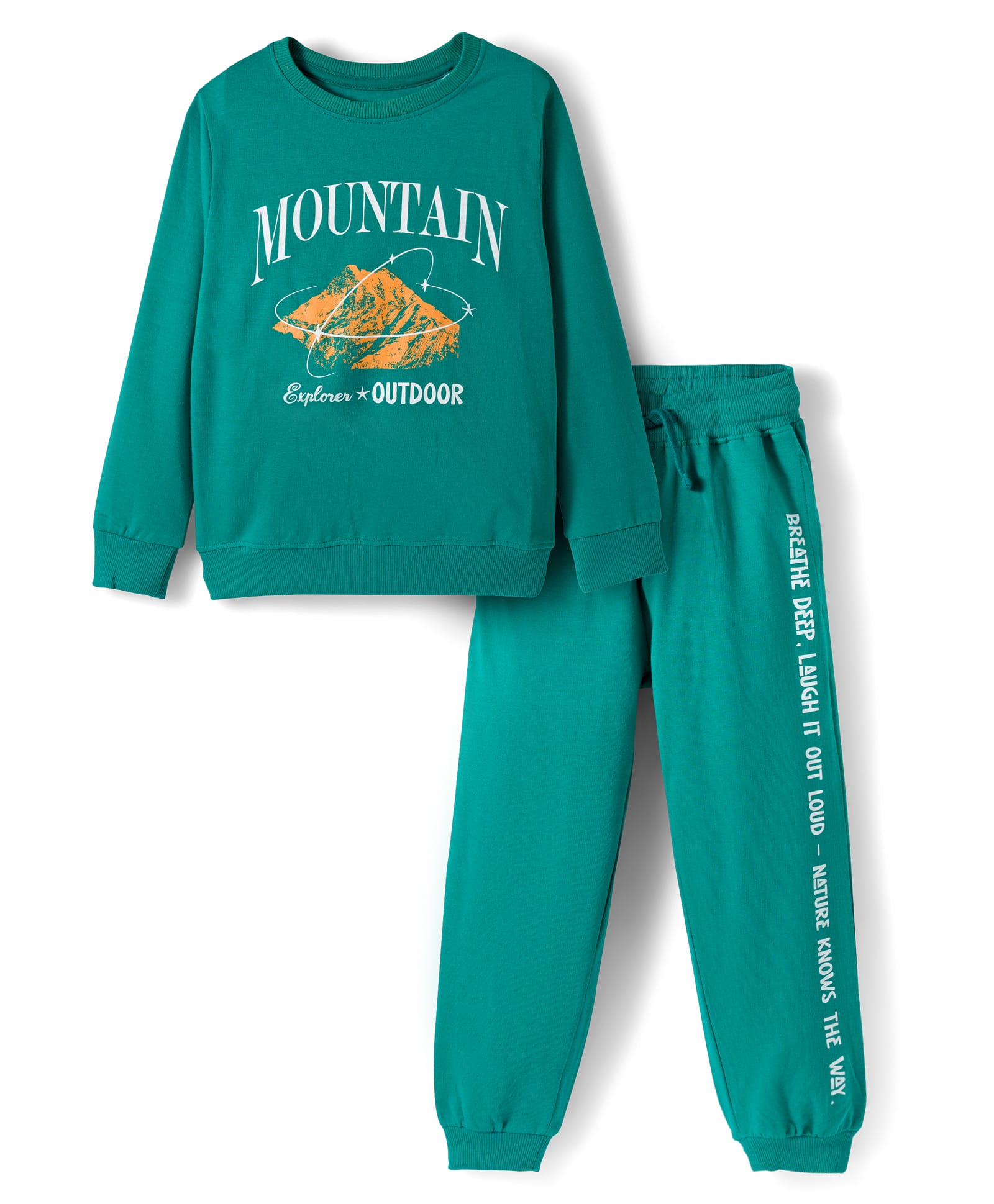 Pine Kids Looper Knit Full Sleeves Winter Wear T-Shirt & Lounge Pant Set With Text Print - Dark Green-picture-19