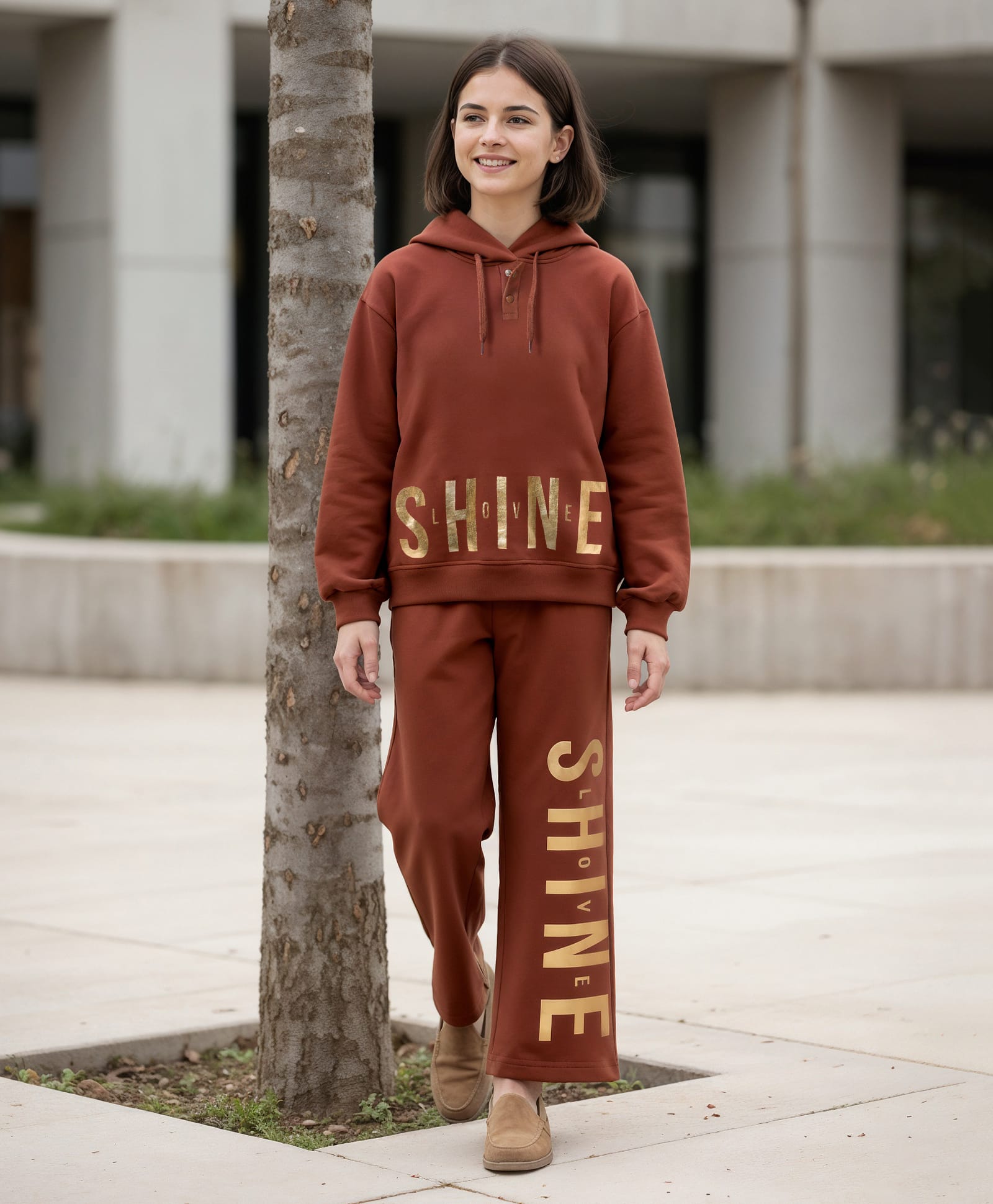 Pine Kids Looper Knit Full Sleeves Hooded Winter Wear Suit With Shine Text Print - Brown-picture-20