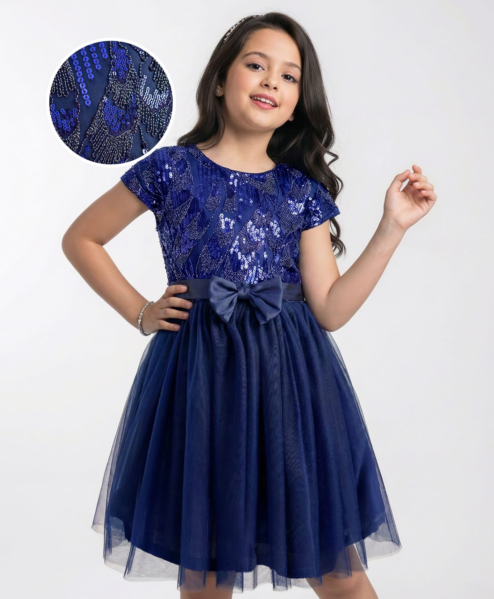 Pine Kids Woven Cap Sleeves Party Gown With Bow Applique & Sequin Detailing - Navy Blue-image-10