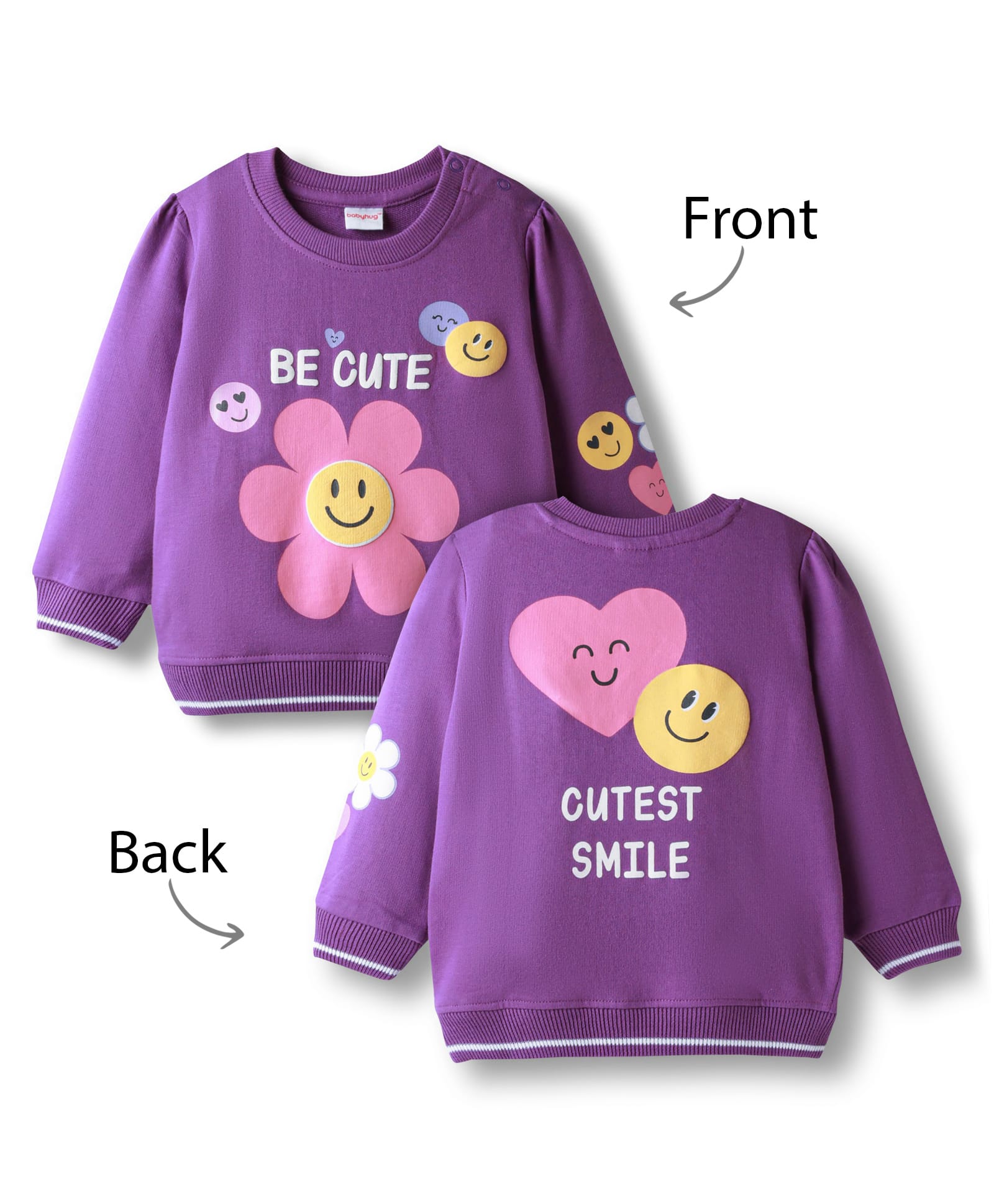 Babyhug Cotton Knit Drop Shoulder Full Sleeves Pullover Sweatshirt with Smiley Graphics - Purple-picture-18