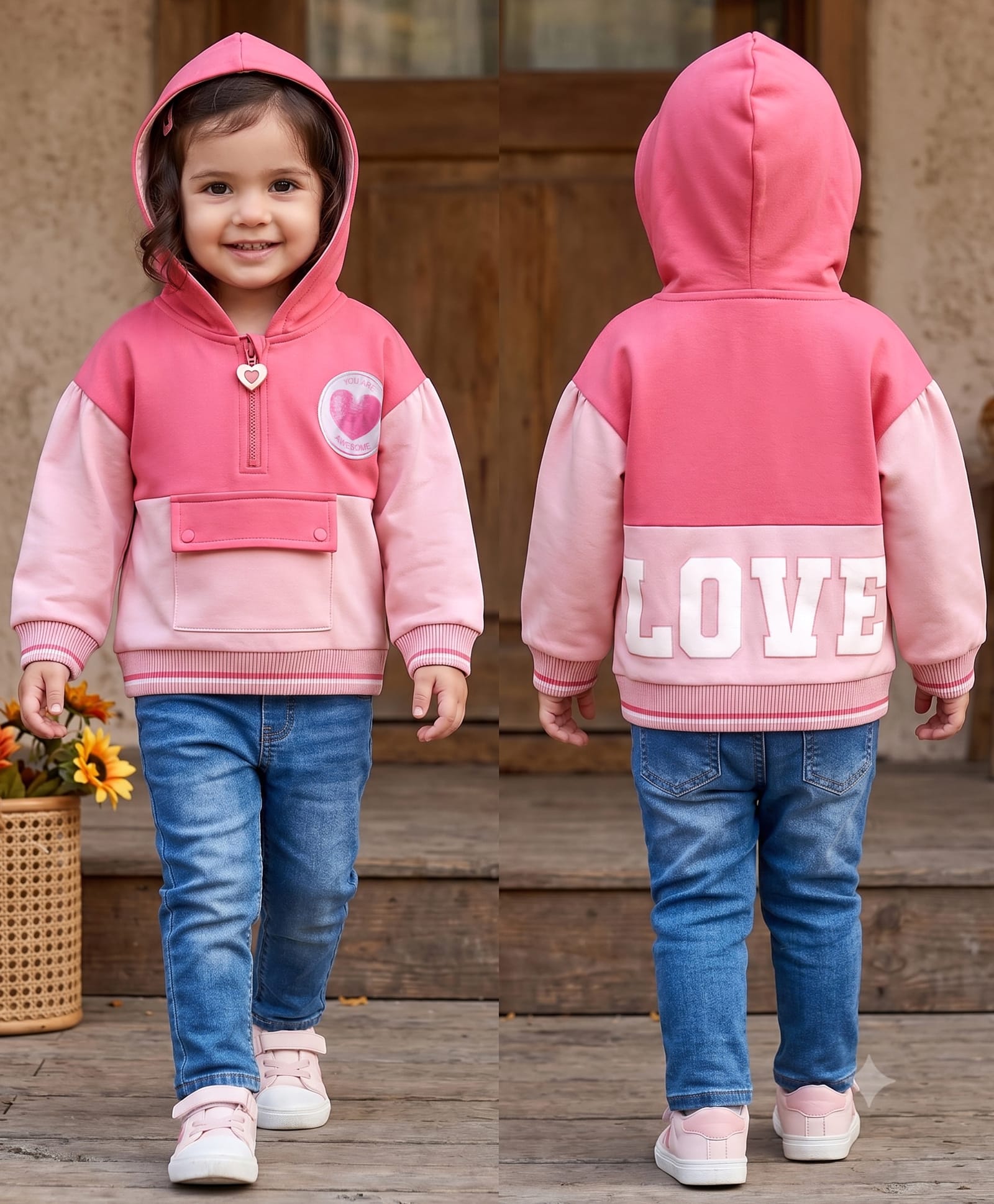 Babyhug Cotton Knit Full Sleeves Hooded Cut & Sew Sweatshirt with Heart Patch Detailing - Pink-picture-16