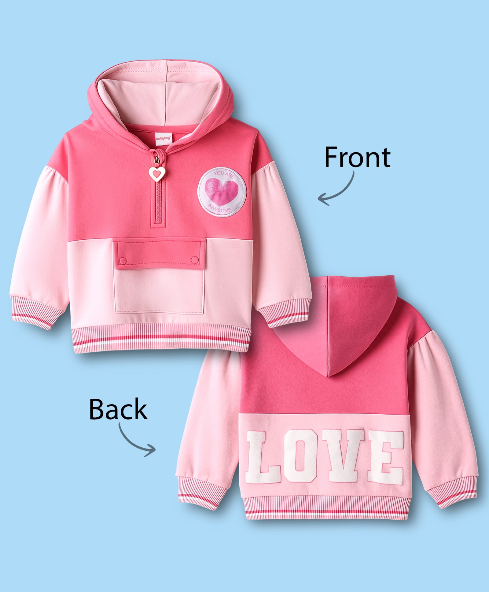 Babyhug Cotton Knit Full Sleeves Hooded Cut & Sew Sweatshirt with Heart Patch Detailing - Pink