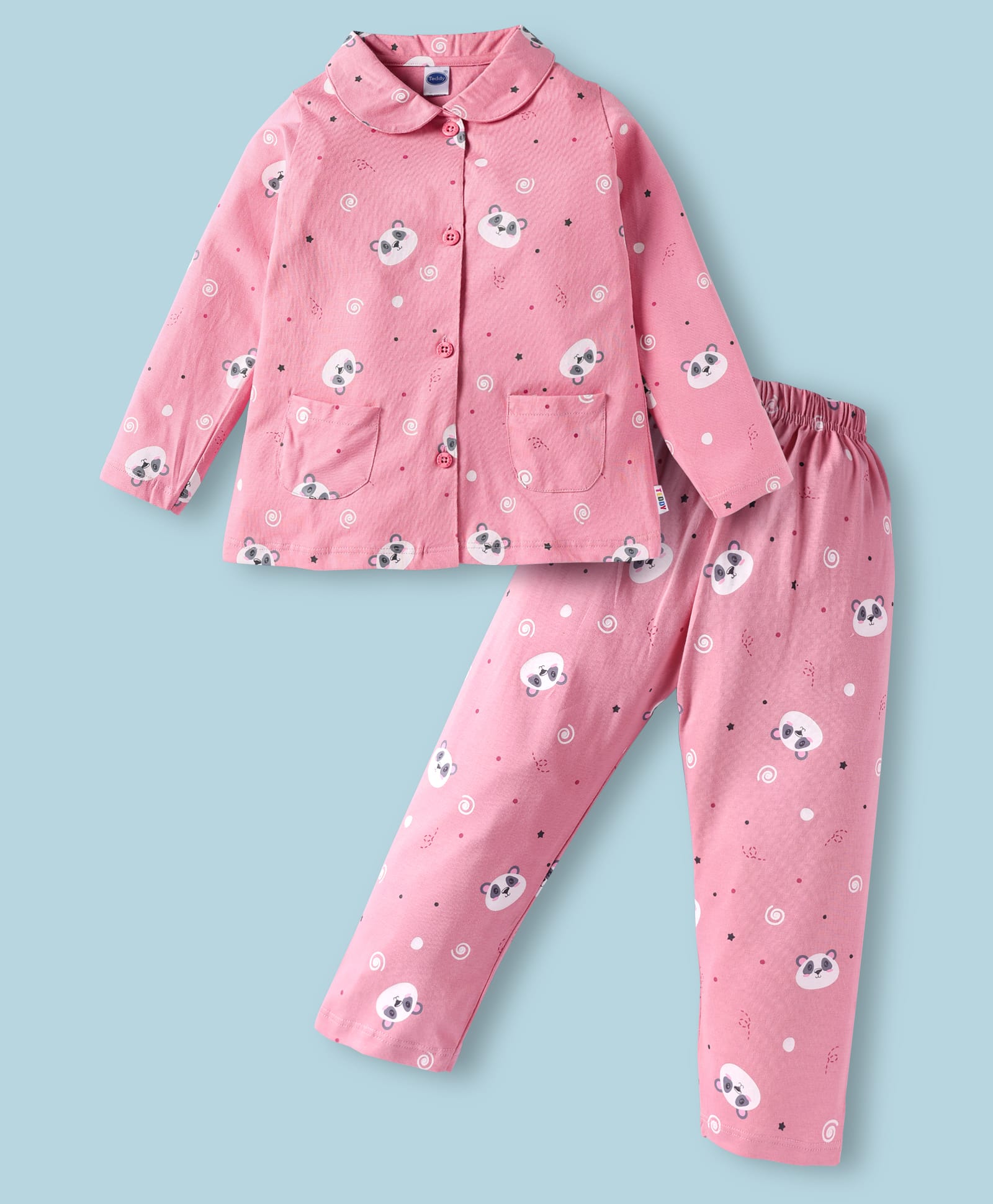 Teddy Sinker Knit Full Sleeves Co-Ord Night Suit with Panda Print - Onion Pink-image-11