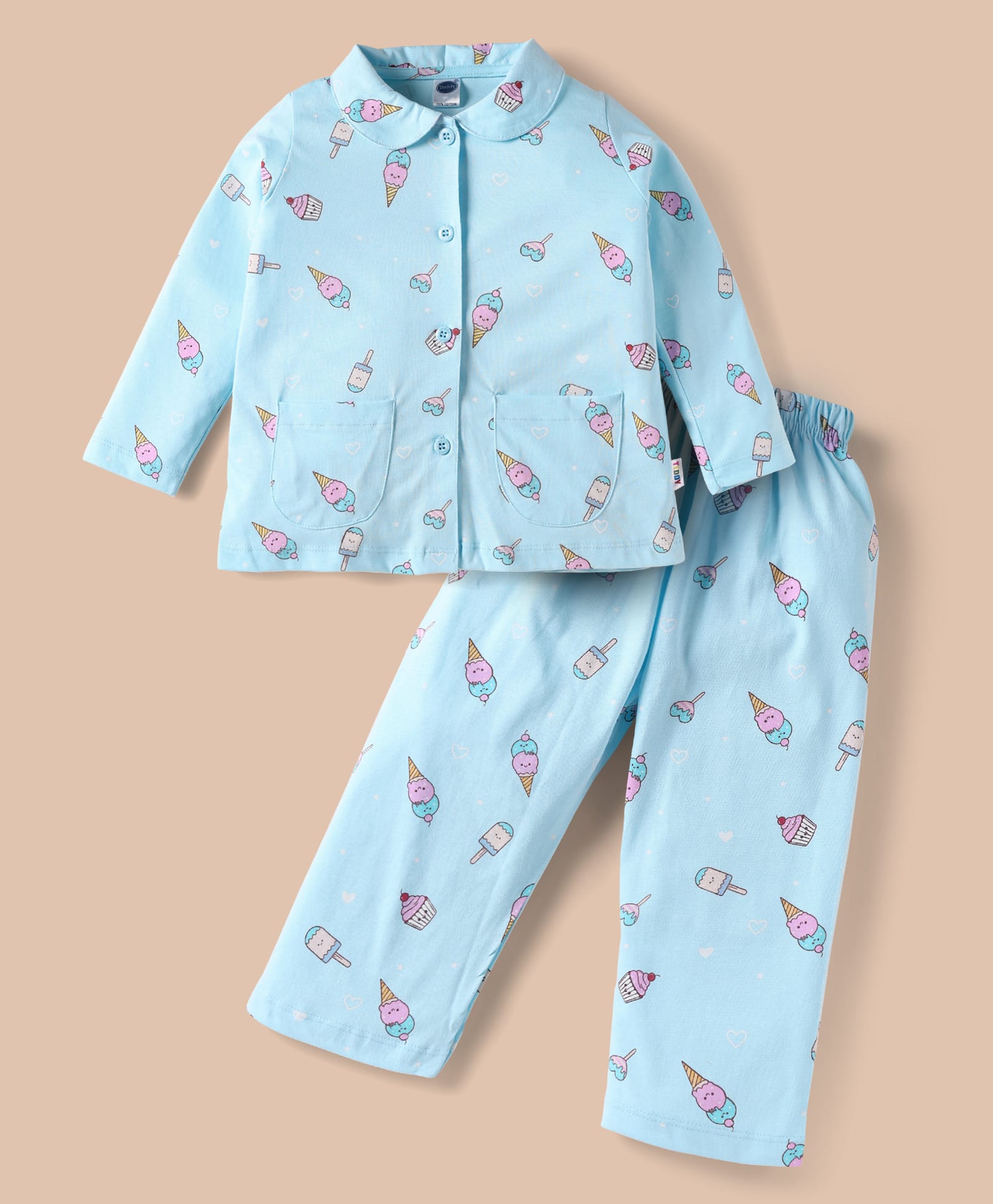 Teddy Sinker Knit Full Sleeves Co-Ord Night Suit with Ice Cream Print - Light Blue-picture-3