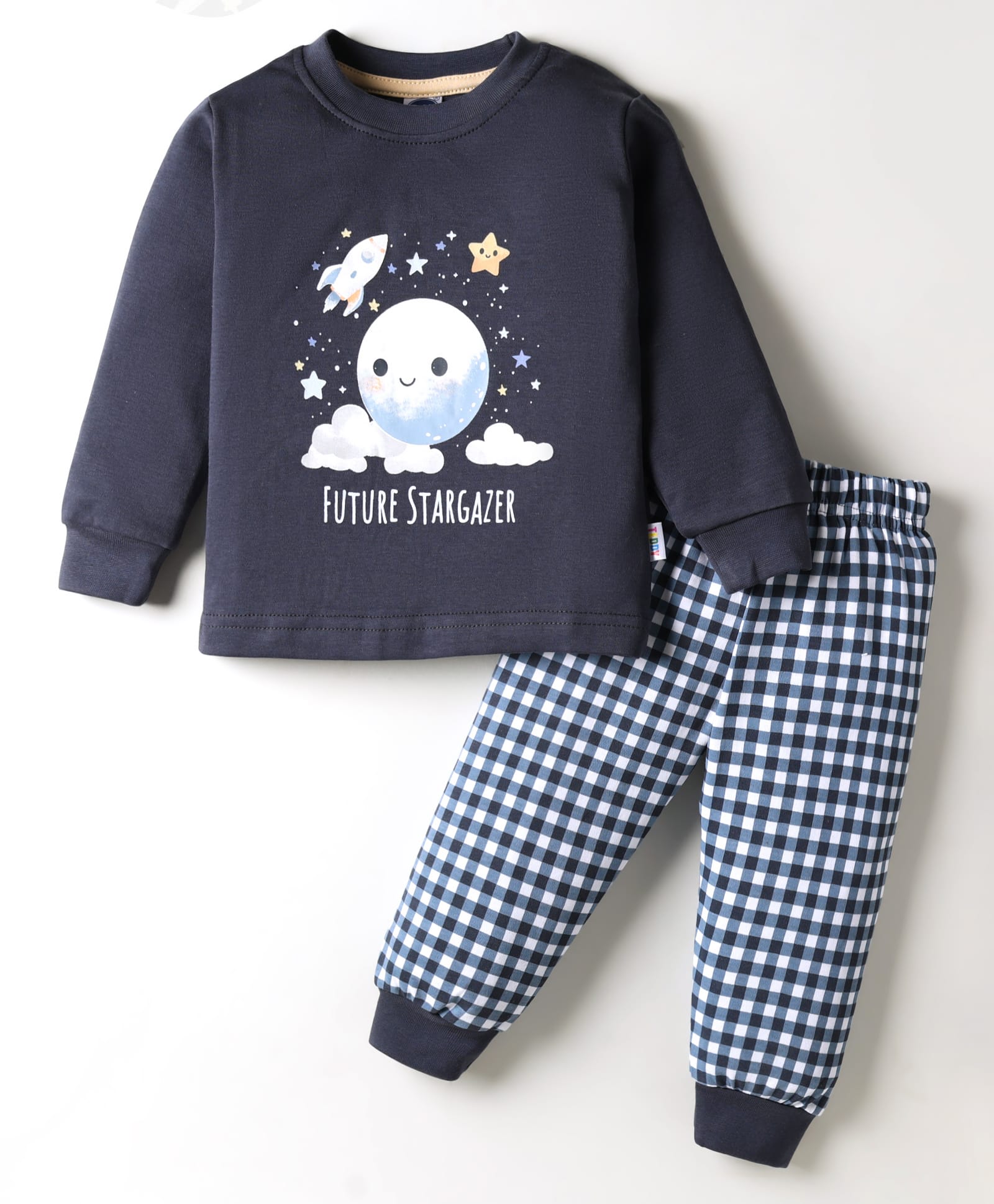 Teddy Interlock Knit Full Sleeves Night Suit with Space Theme Print & Checks - Charcoal Grey-image-28