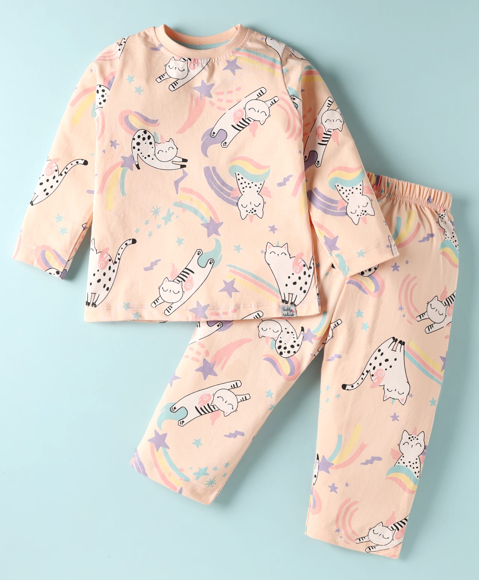 Teddy Sinker Knit Full Sleeves Co-Ord Night Suit with Kitty Print - Peach-picture-28