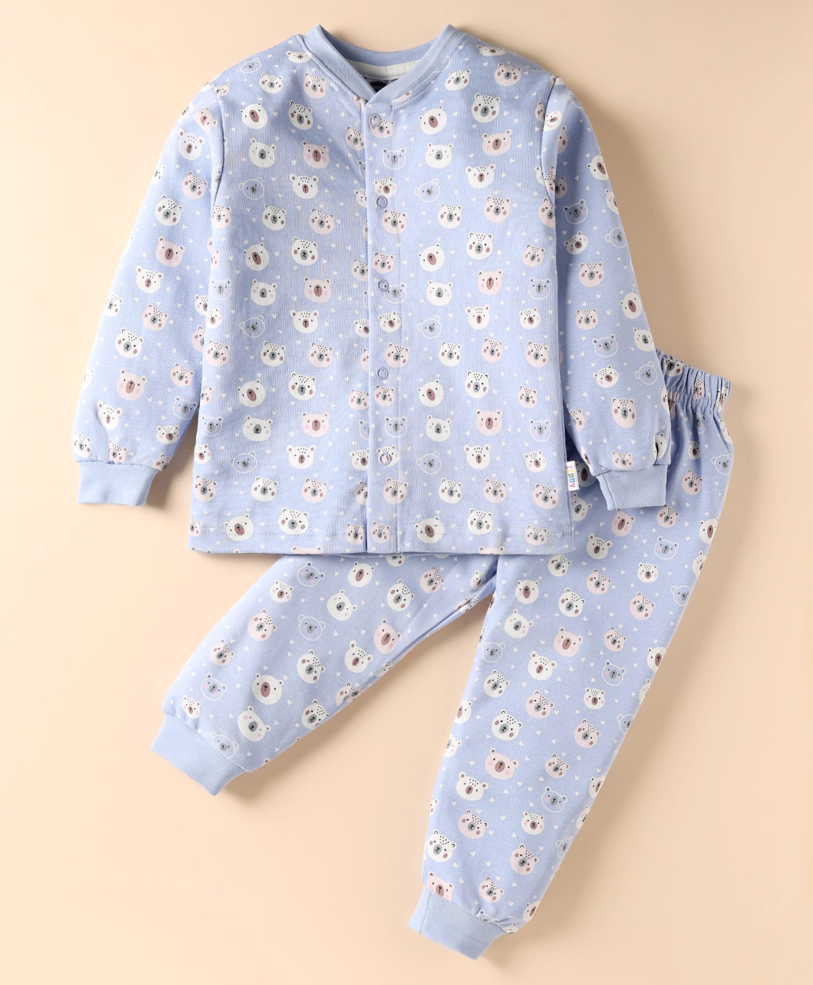Teddy Interlock Knit Full Sleeves Bear & Hearts Printed Front Open Co-Ords Night Suit - Blue-picture-27
