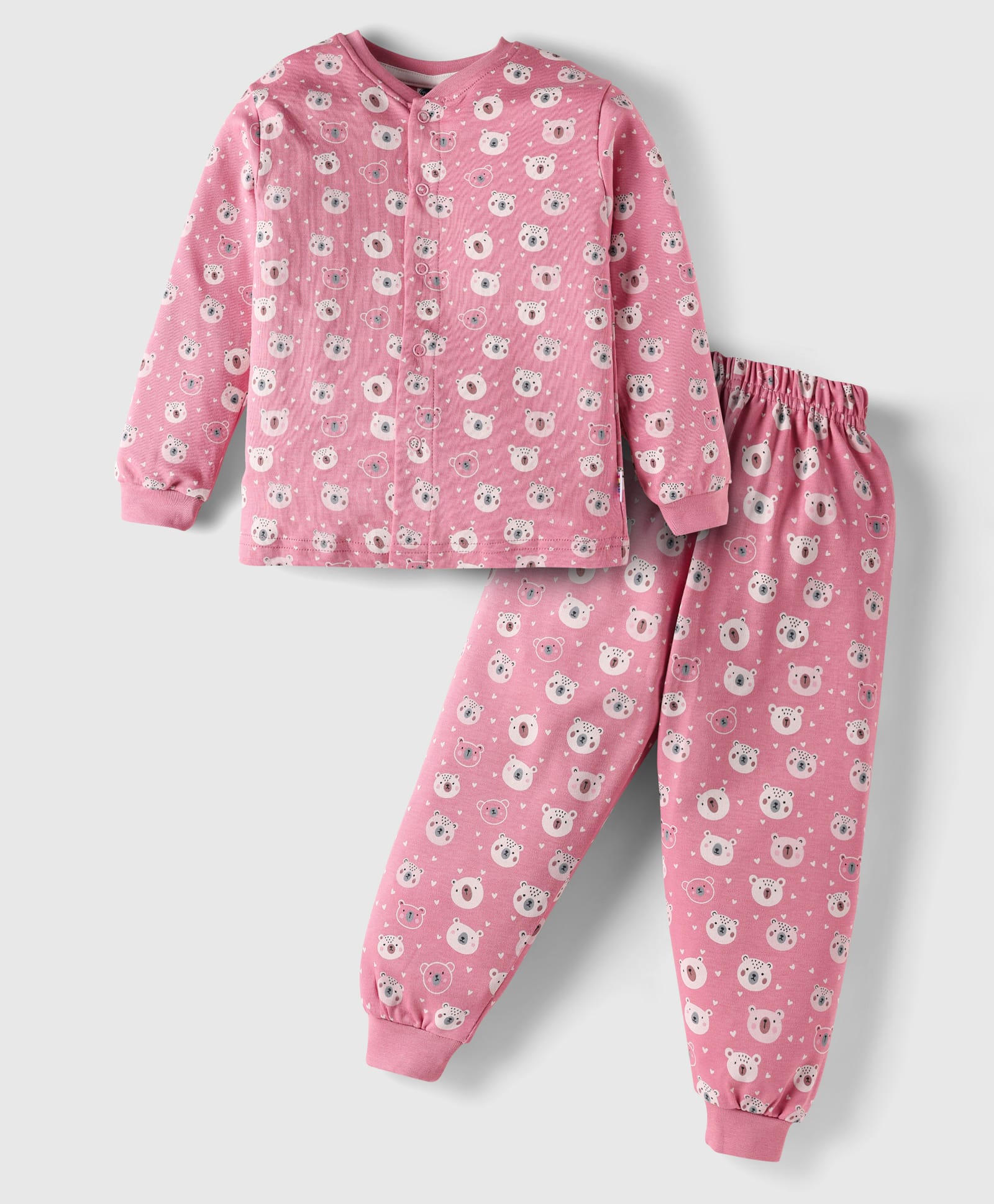 Teddy Interlock Knit Full Sleeves Bear & Hearts Printed Front Open Co-Ords Night Suit - Pink-picture-13