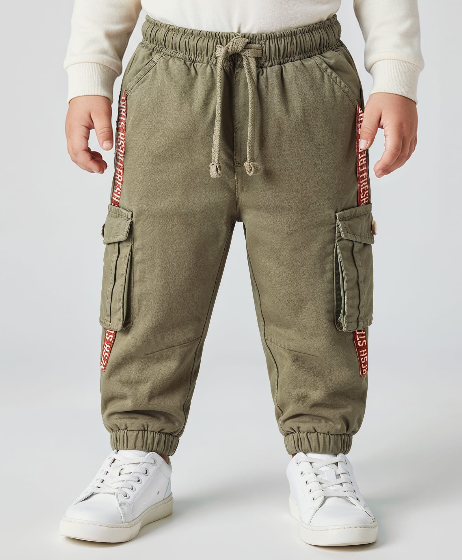 Babyoye Cotton Lycra Woven Full Length Trouser With Cargo Pockets & Text Print - Tan-image-10