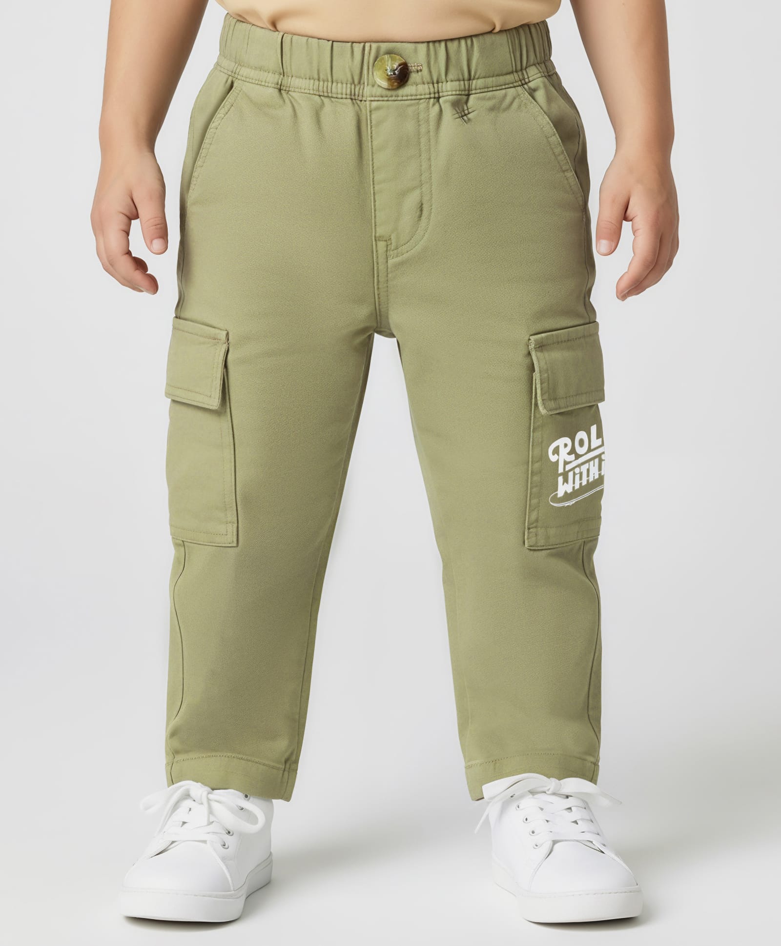 Babyoye Cotton Lycra Woven Full Length Trouser With Cargo Pockets & Text Print - Light Green-image-6