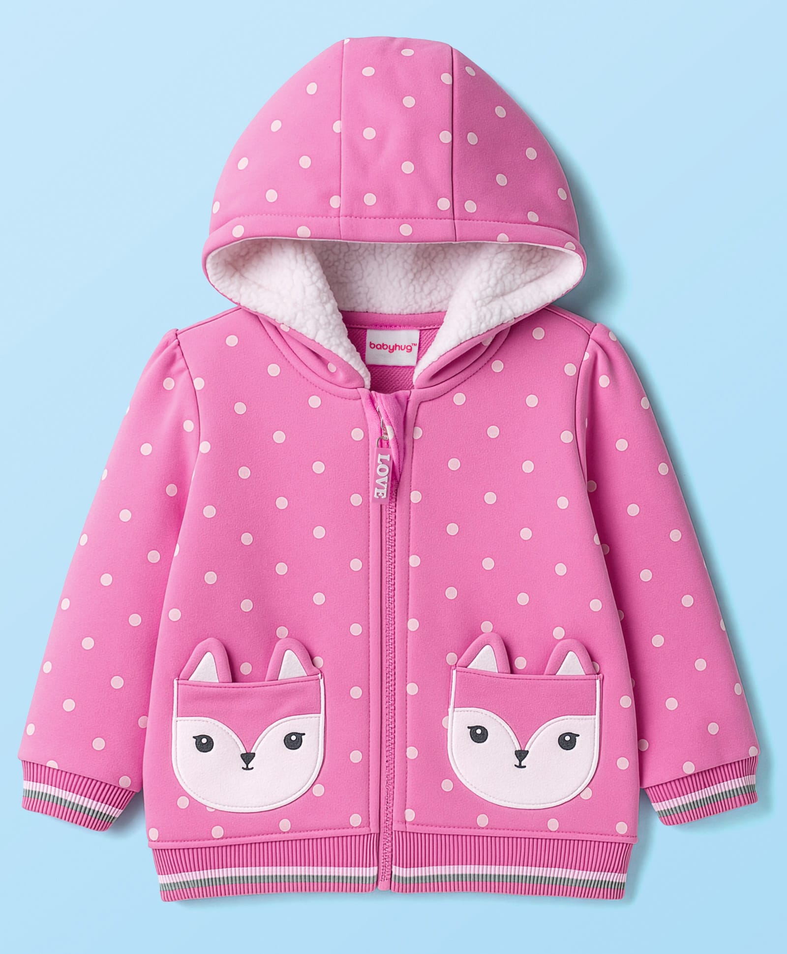 Babyhug Cotton Knit Full Sleeves Hooded Sweatjacket with Polka Dots Print - Pink-image-0