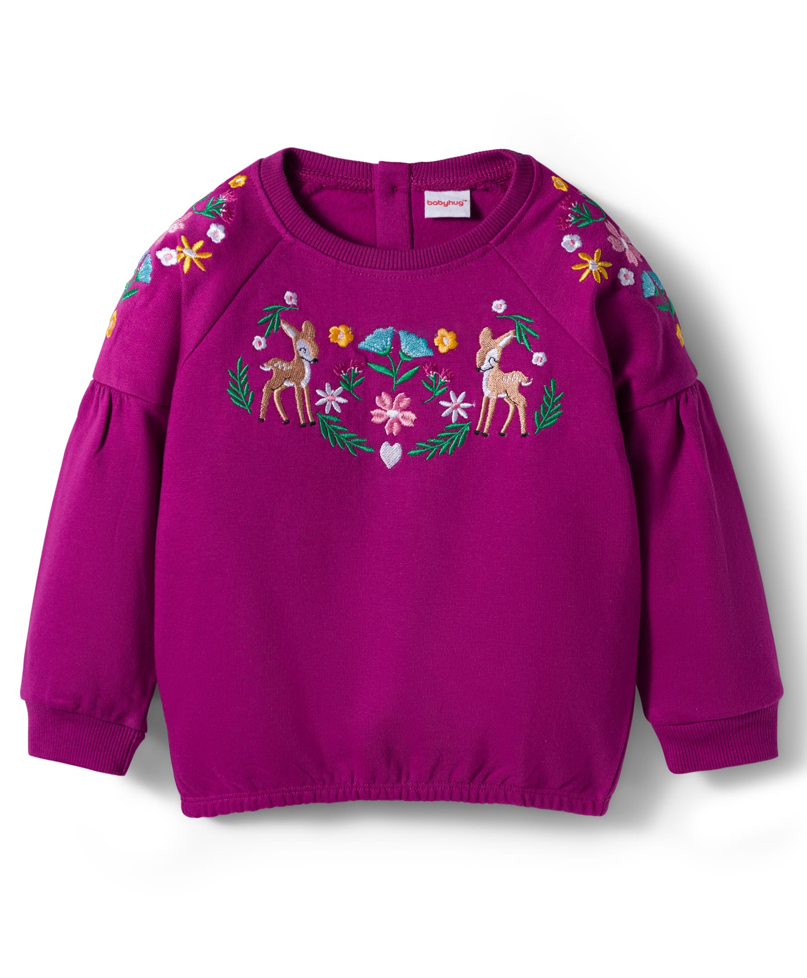 Babyhug Cotton Knit Full Raglan Sleeves Sweatshirt With Animal & Floral Embroidery - Purple-image-43