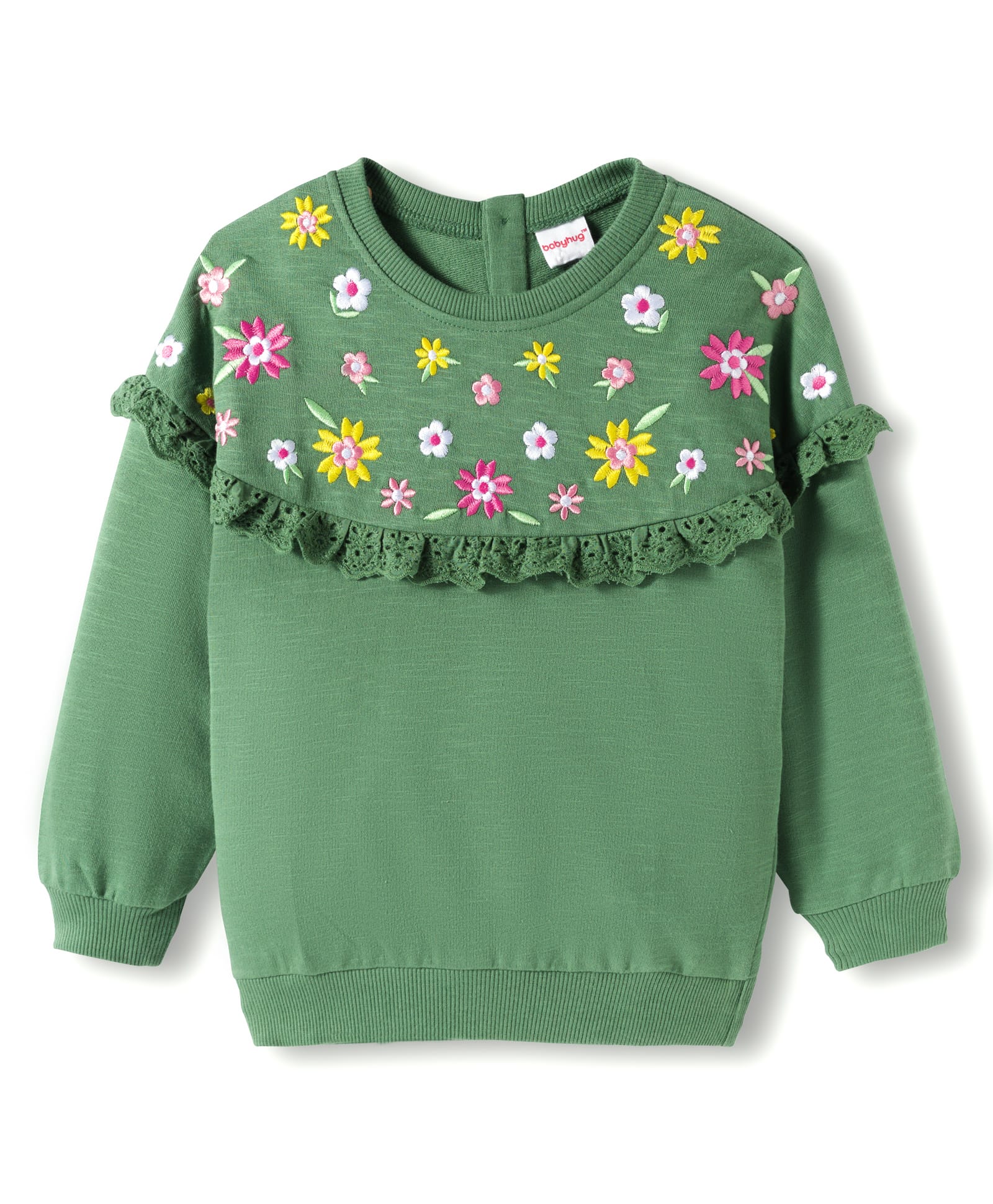 Babyhug Cotton Knit Full Sleeves Sweatshirt With Floral Embroidery - Green-picture-21