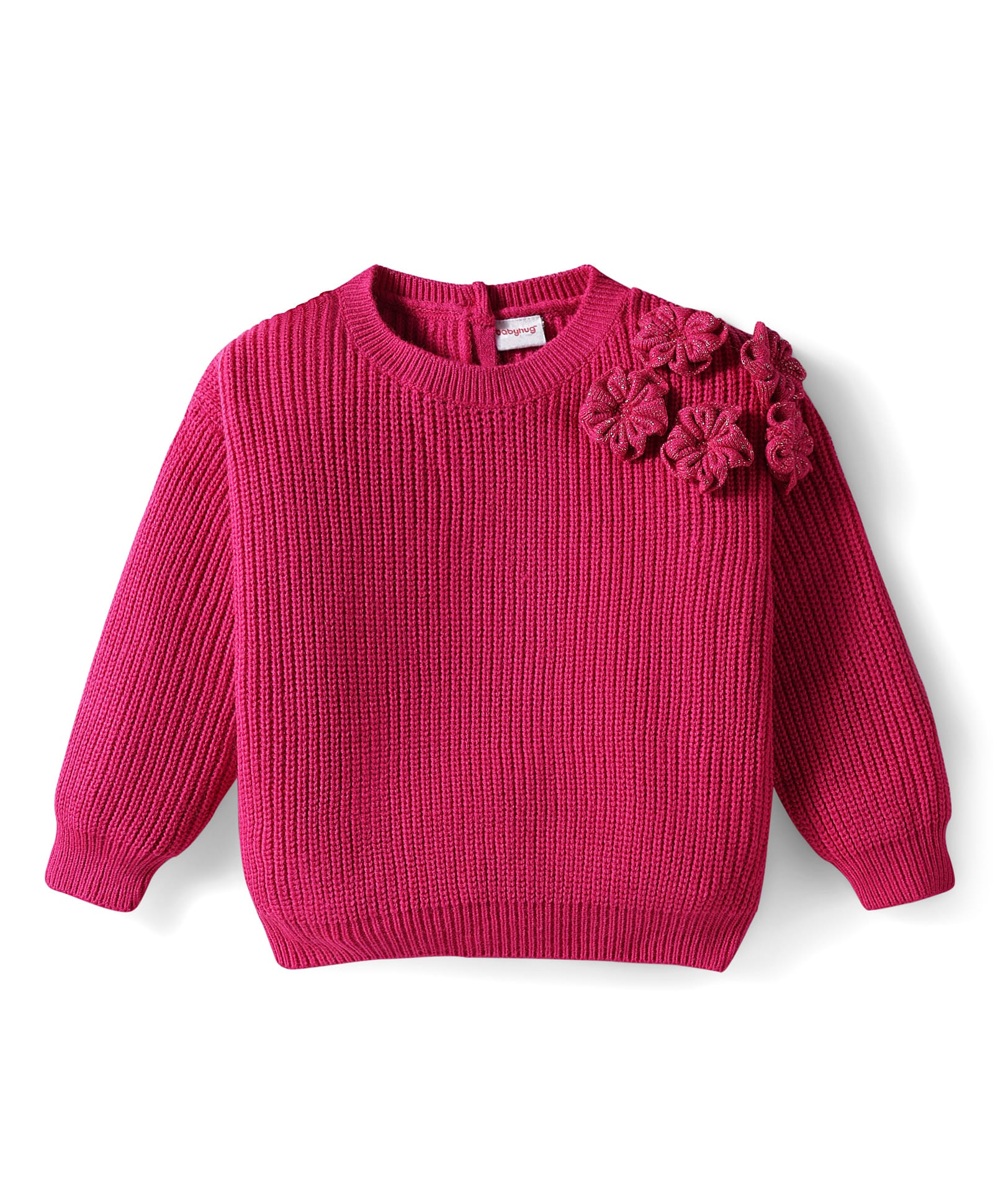 Babyhug Knit Full Sleeves Pullover Sweater with Floral Applique - Dark Pink-picture-10