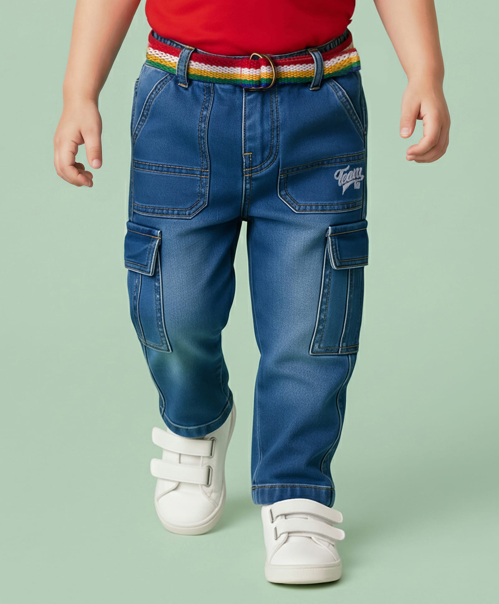 Babyhug Cotton Denim Full Length Jeans With Belt & Text Embriodery - Blue-picture-15