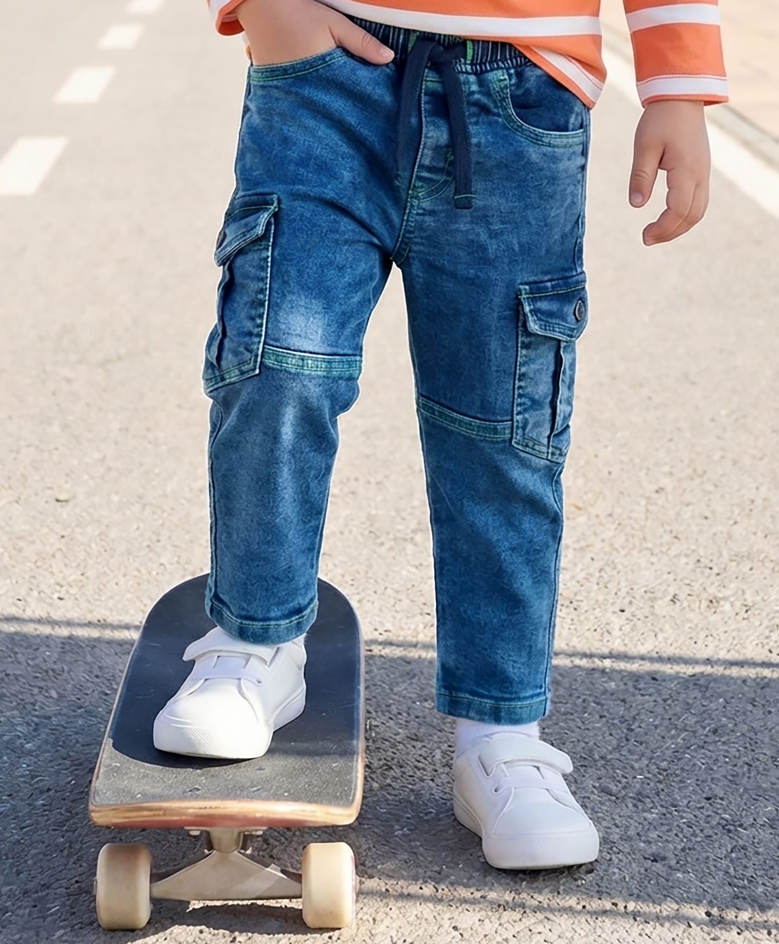 Babyhug Full Length Denim Washed Jeans with Stretch - Blue-picture-10