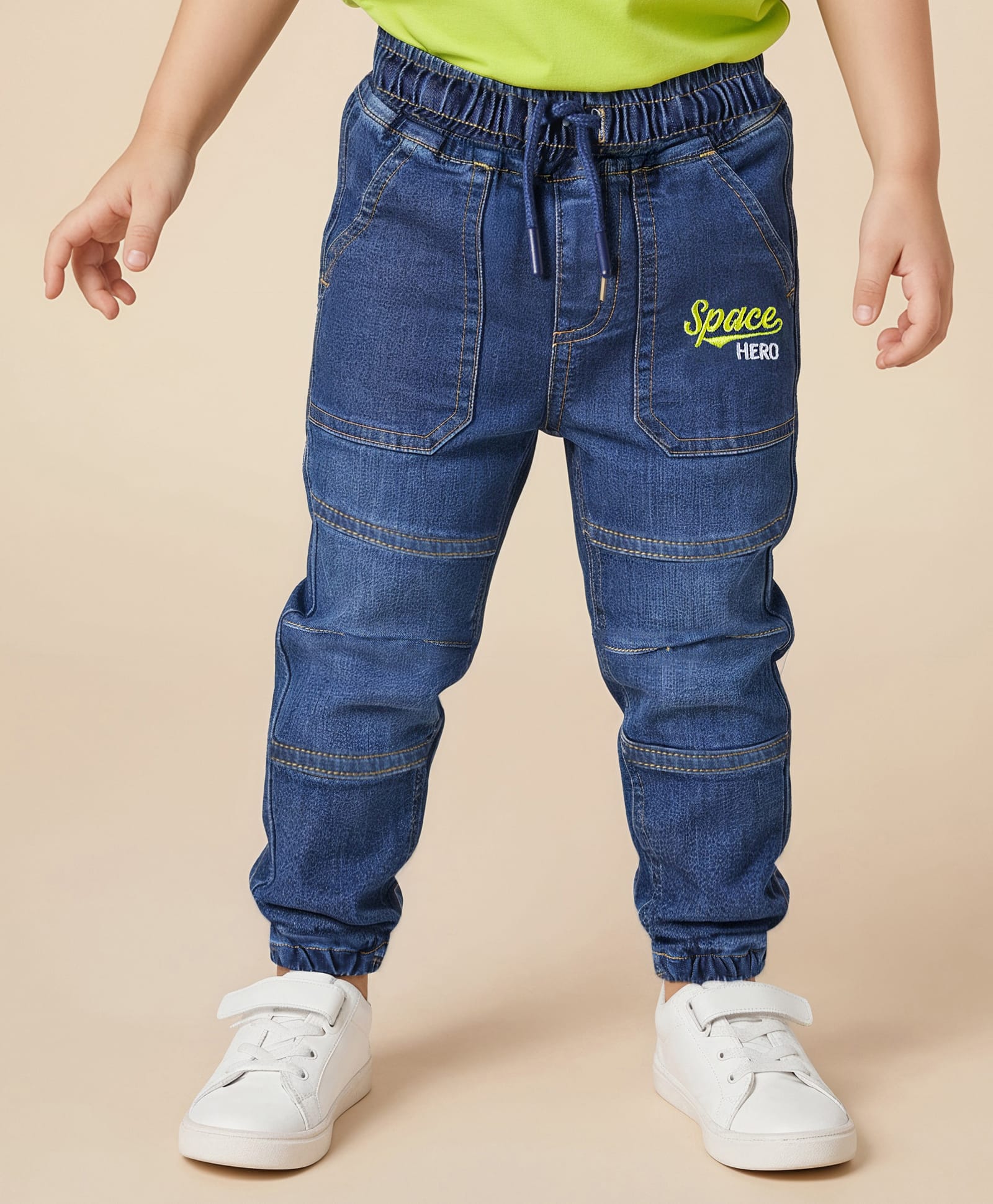 Babyhug Full Length Denim Washed Jeans with Stretch & Text Embroidery - Blue-picture-21