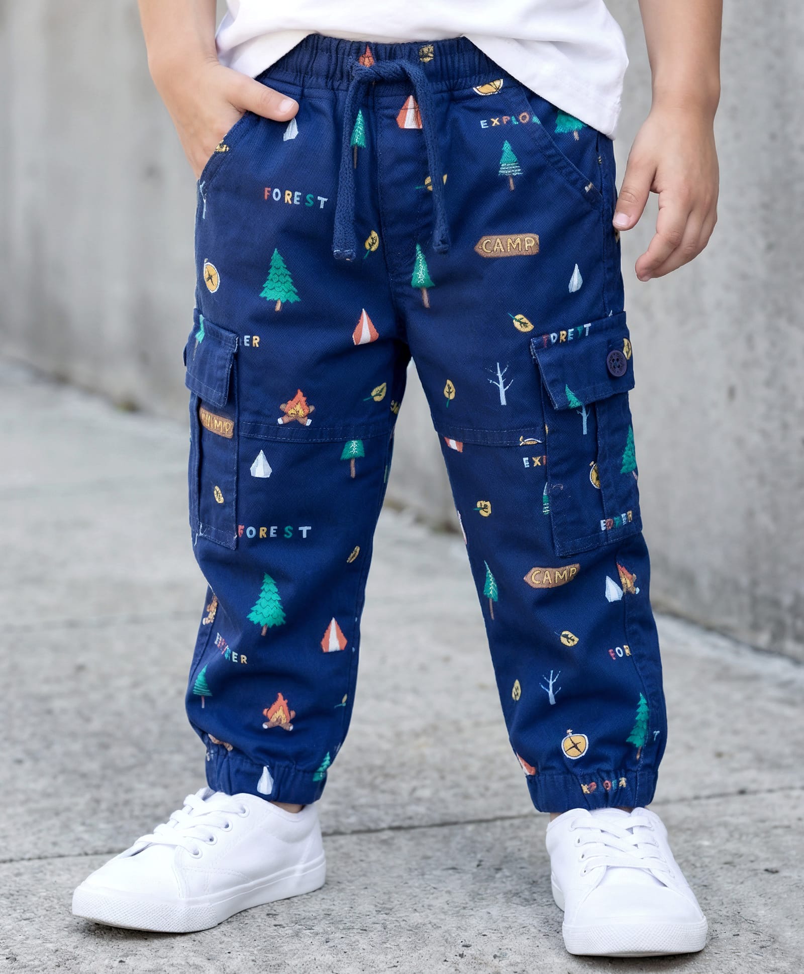 Babyhug Twill Woven Full Length Trouser Pant With Stretch & Tree Print - Navy Blue-picture-26