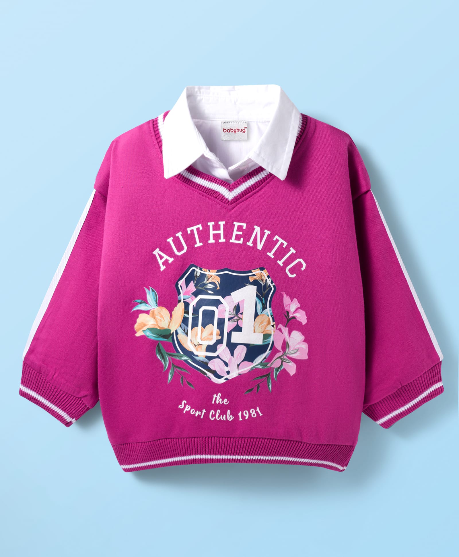 Babyhug Cotton Knit Full Sleeves Collar Neck Sweatshirt With Floral Print - Fuchsia